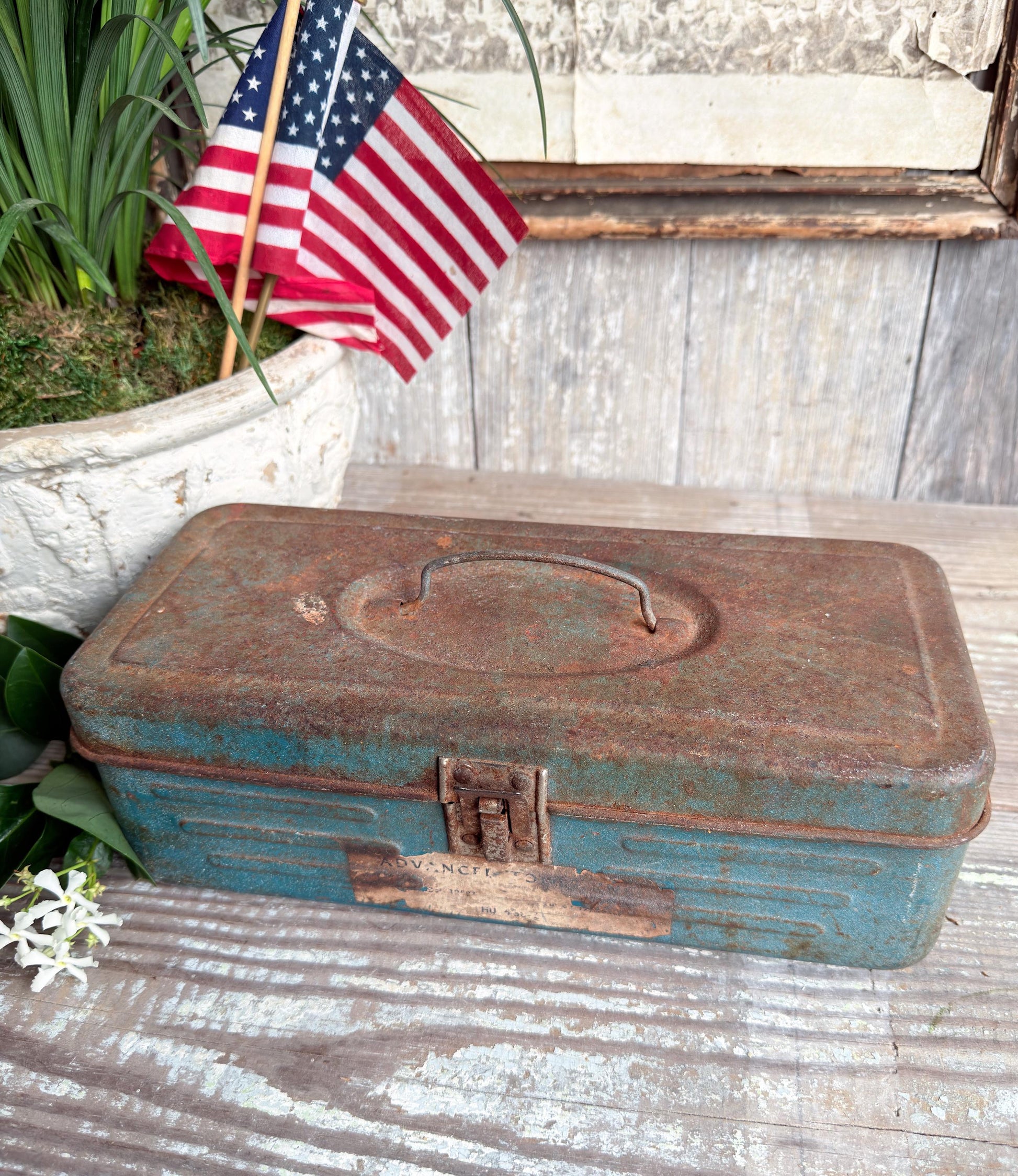 Vintage Blue Metal Tool Box Primitive Industrial Storage Tackle
