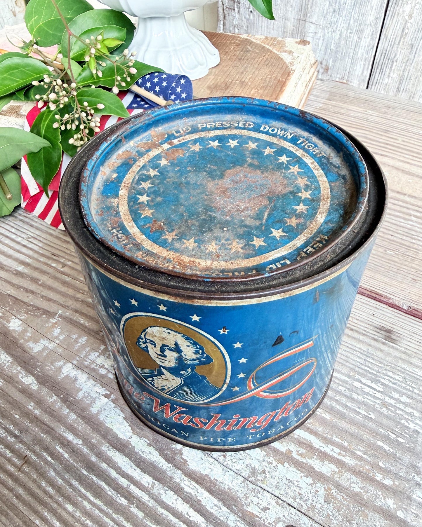 Vintage Washington Tobacco Tin Americana Patriotic Decor Farmhouee Decor
