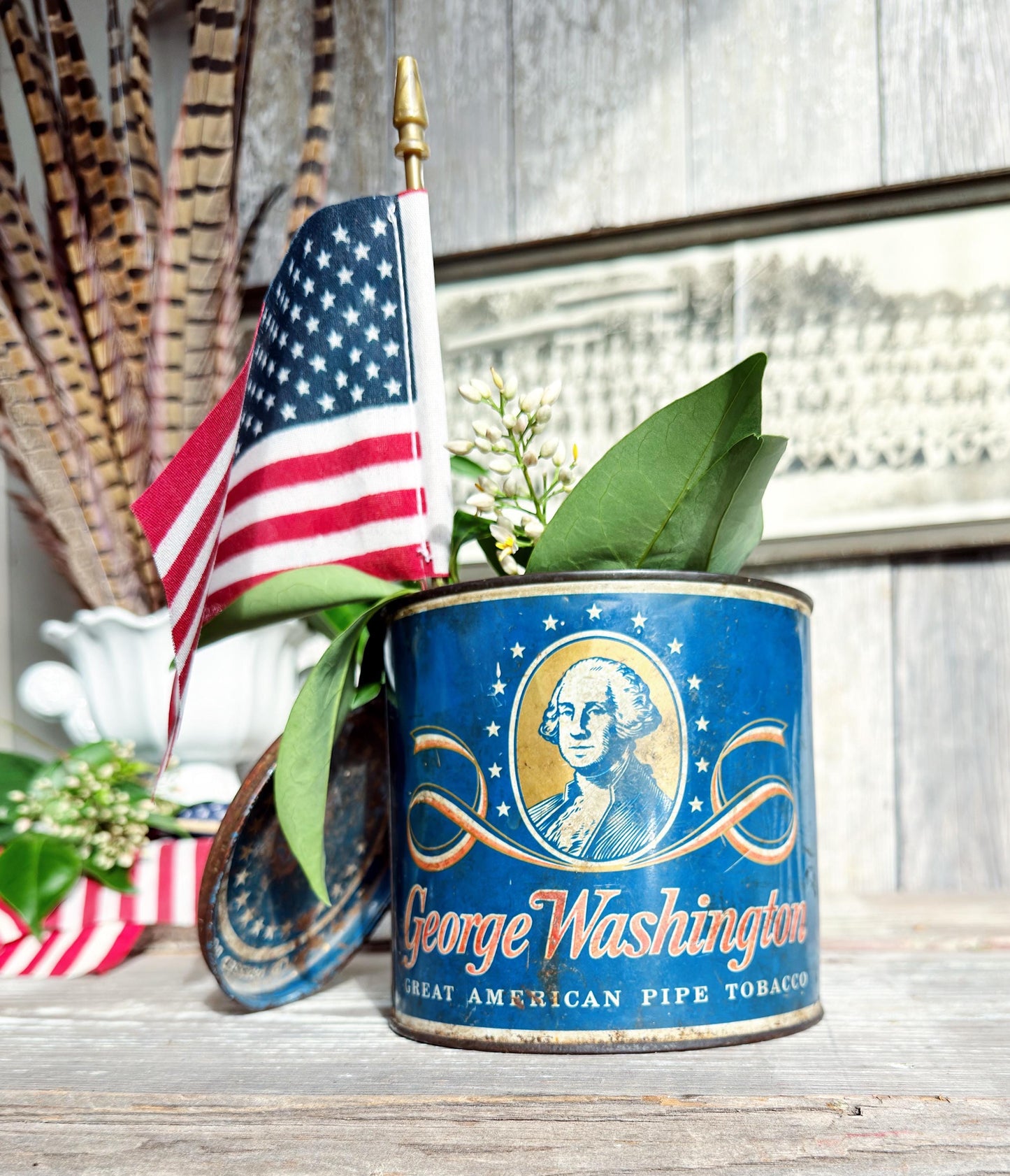 Vintage Washington Tobacco Tin Americana Patriotic Decor Farmhouee Decor