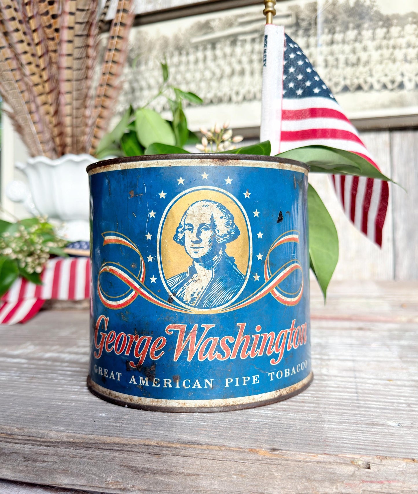 Vintage Washington Tobacco Tin Americana Patriotic Decor Farmhouee Decor