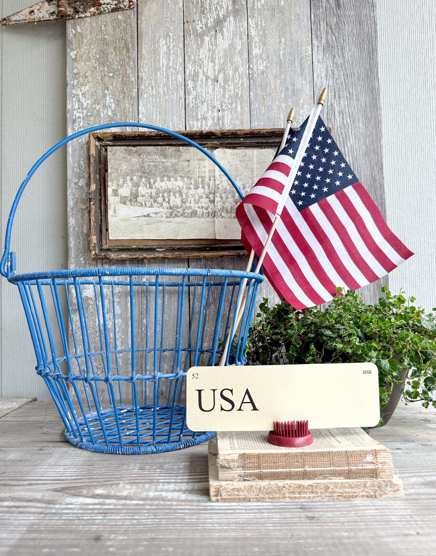 Vintage Wire Metal Egg Basket Blue Chippy Americana Farmhouse Decor