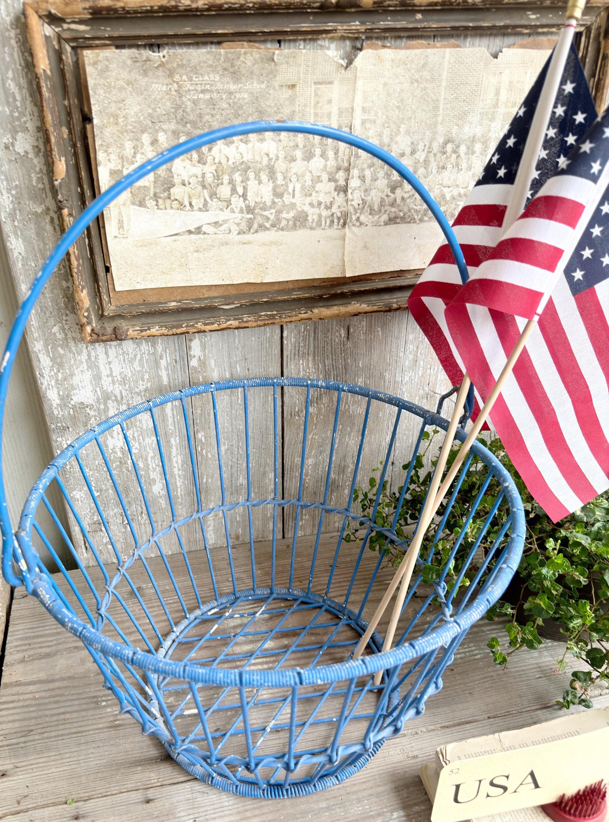 Vintage Wire Metal Egg Basket Blue Chippy Americana Farmhouse Decor