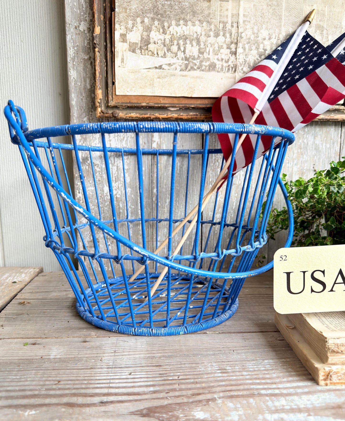 Vintage Wire Metal Egg Basket Blue Chippy Americana Farmhouse Decor