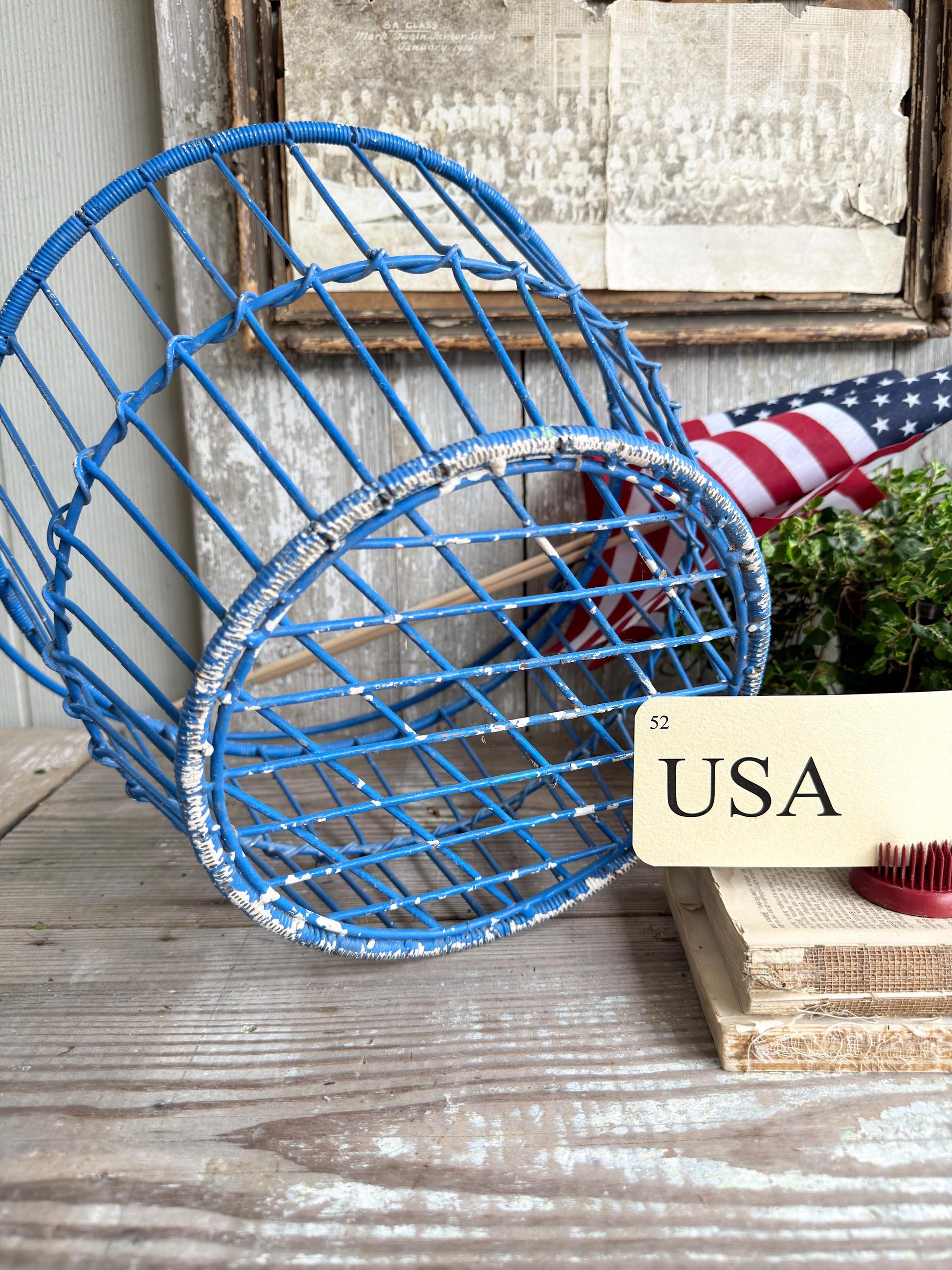 Vintage Wire Metal Egg Basket Blue Chippy Americana Farmhouse Decor
