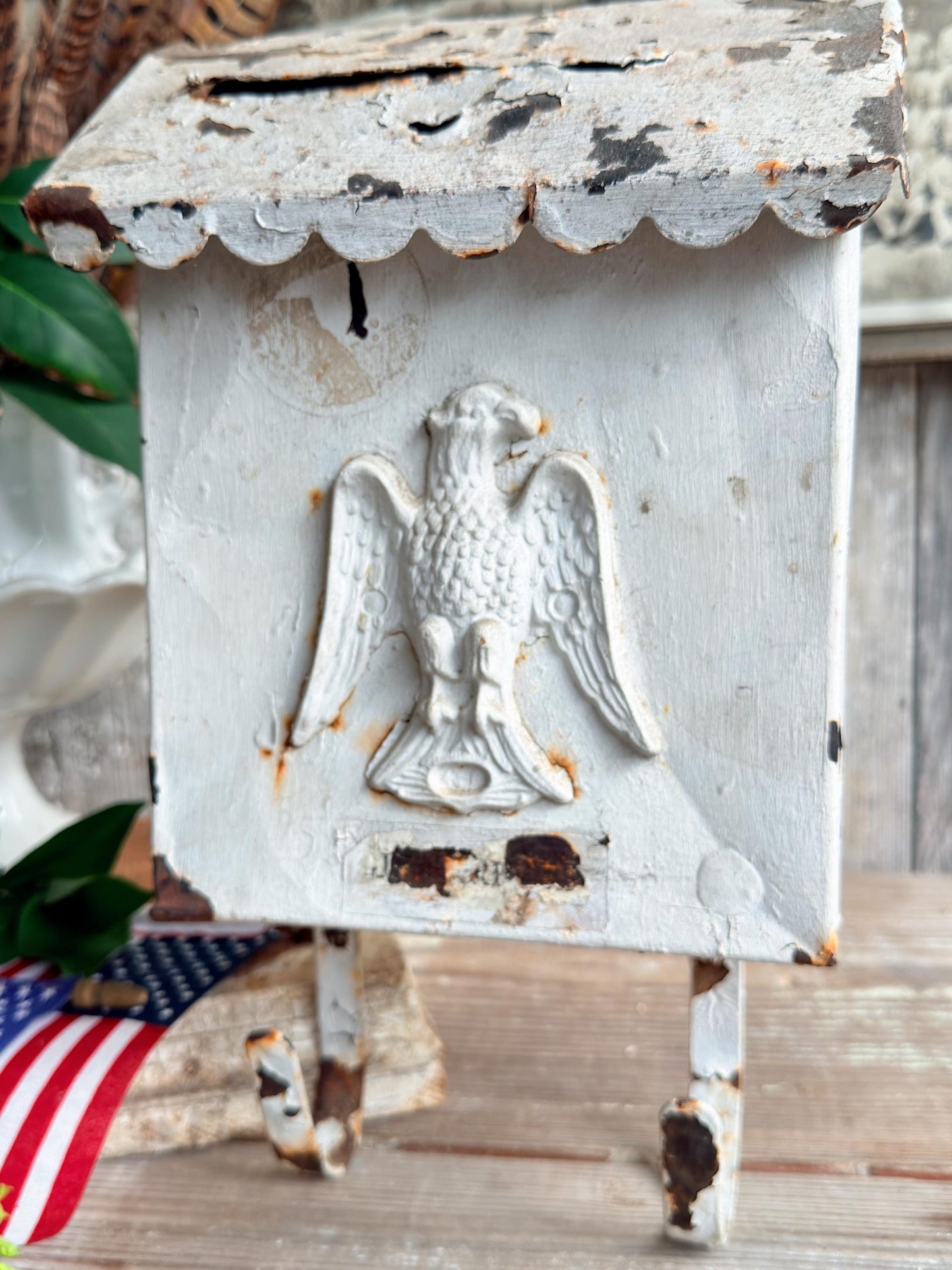 Vintage Metal Eagle Mailbox, Chippy White Primitive Americana Wall Decor