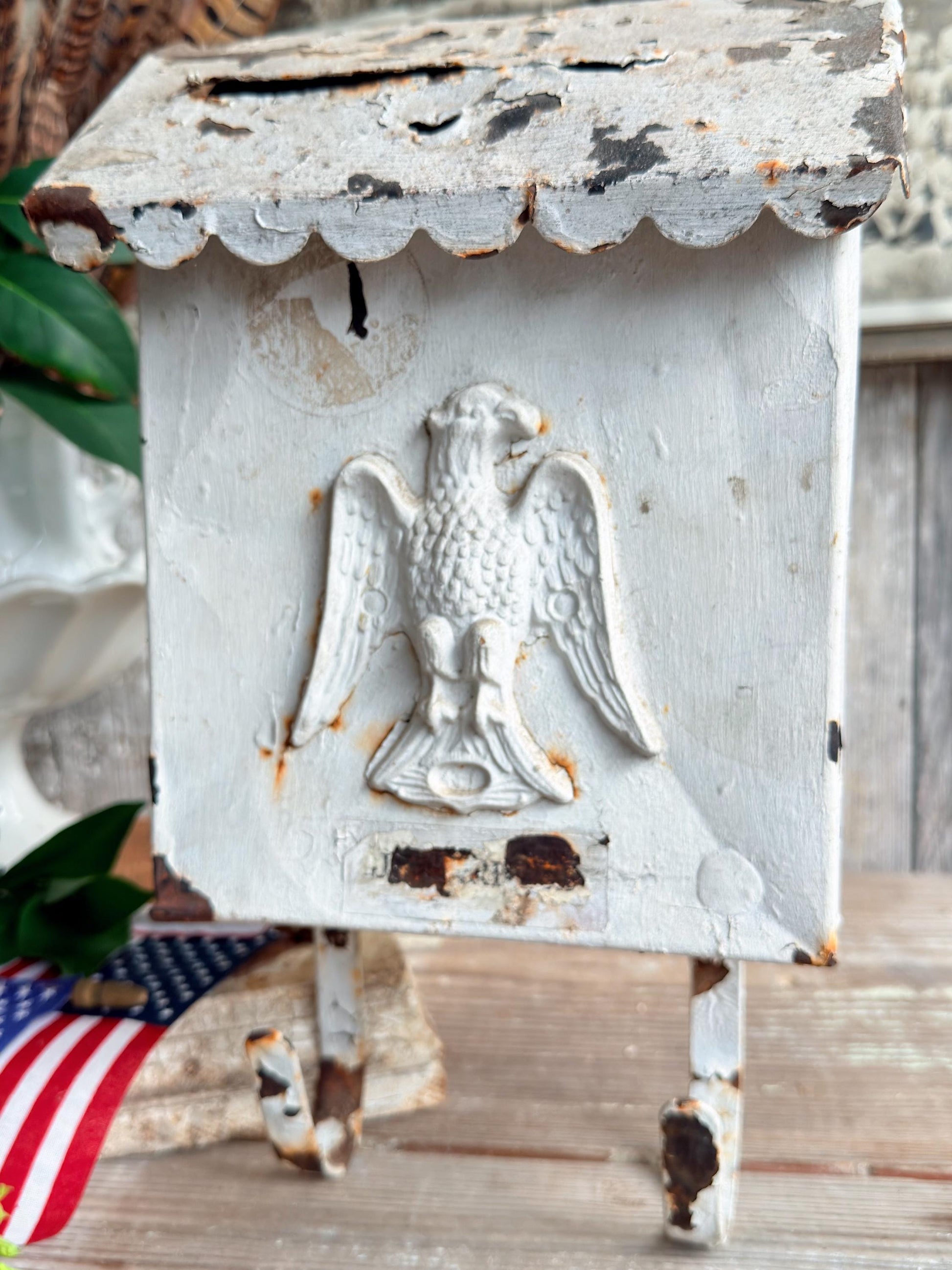 Vintage Metal Eagle Mailbox, Chippy White Primitive Americana Wall Decor