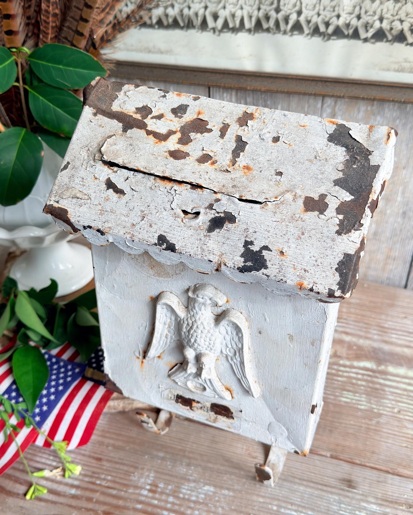 Vintage Metal Eagle Mailbox, Chippy White Primitive Americana Wall Decor