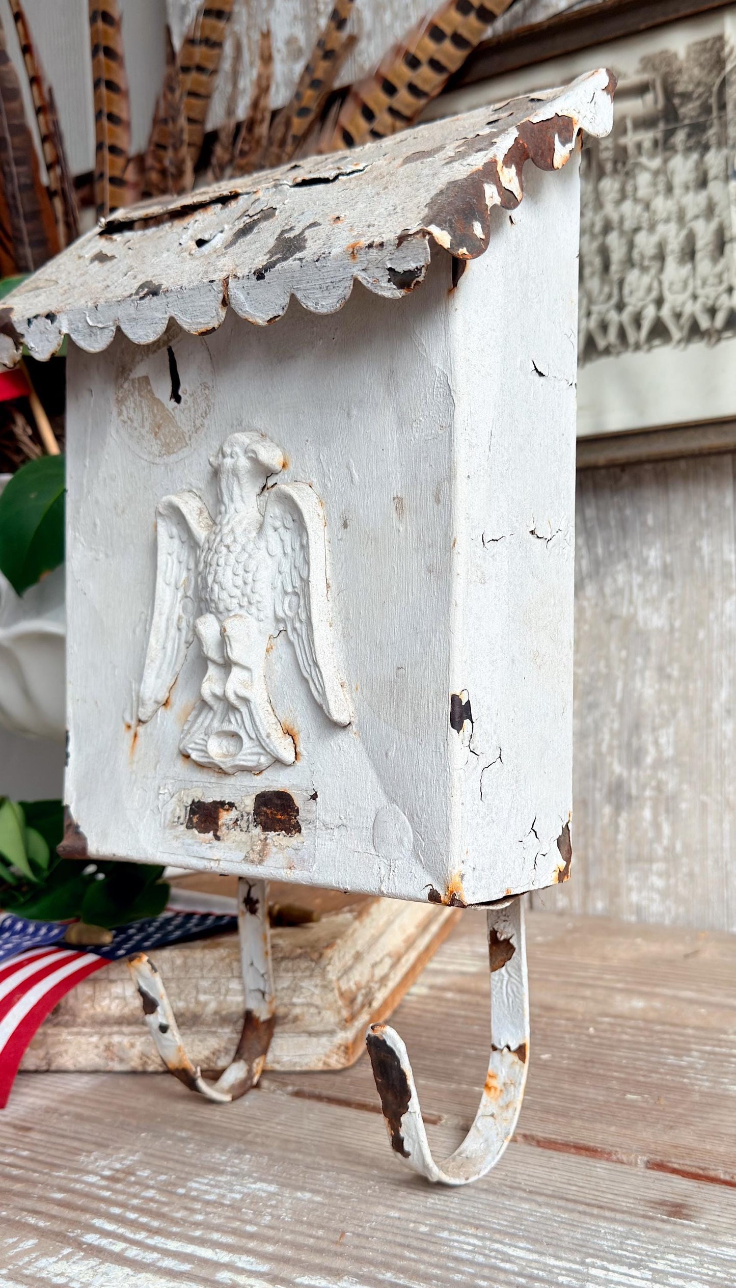 Vintage Metal Eagle Mailbox, Chippy White Primitive Americana Wall Decor
