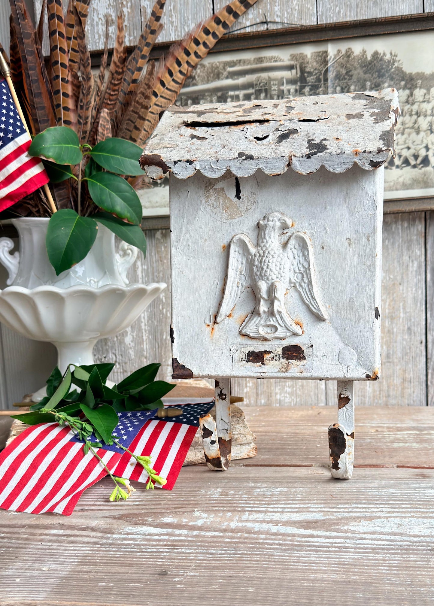 Vintage Metal Eagle Mailbox, Chippy White Primitive Americana Wall Decor
