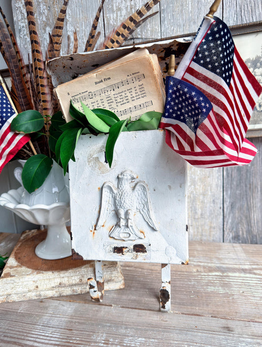 Vintage Metal Eagle Mailbox, Chippy White Primitive Americana Wall Decor