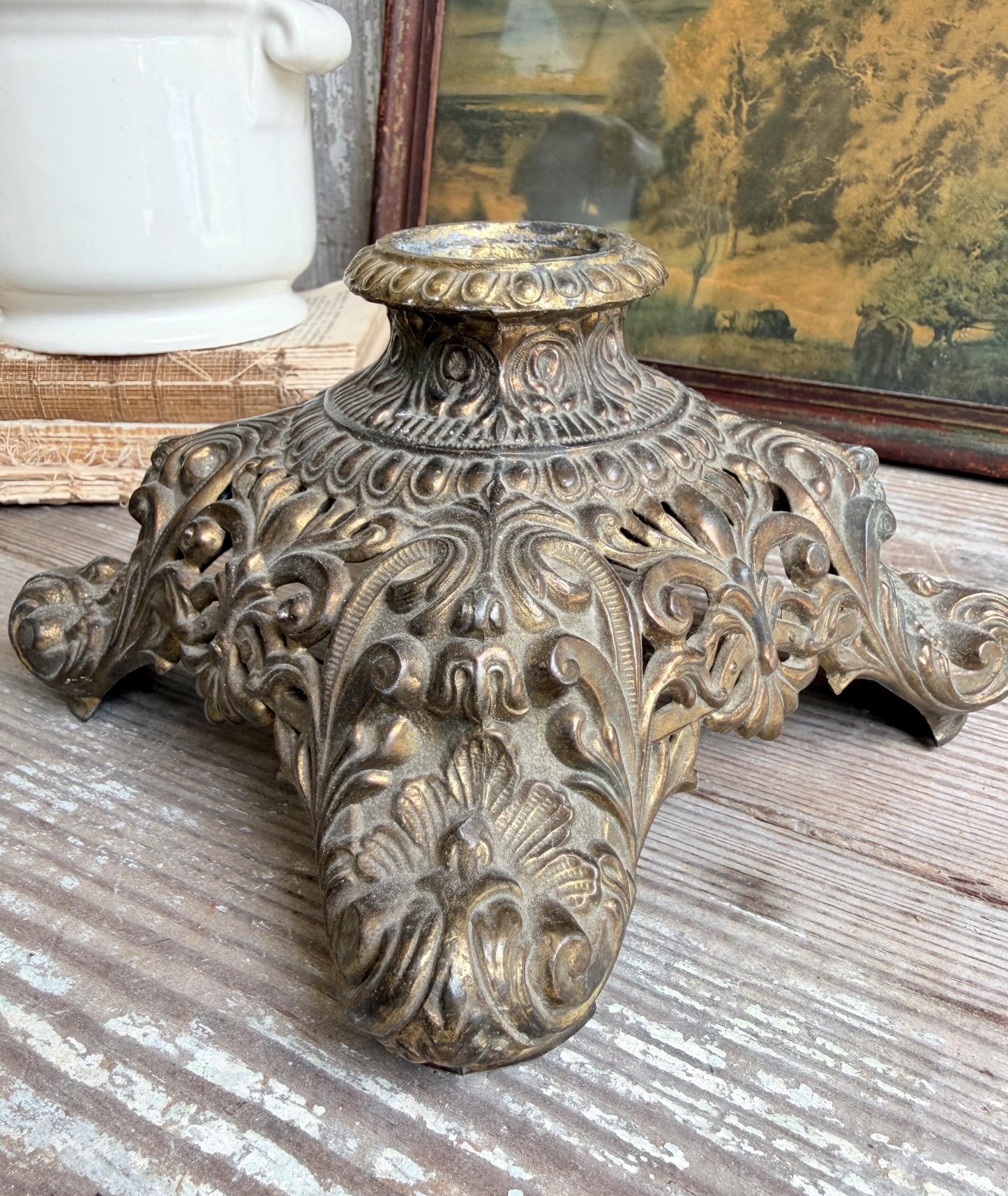 Antique Brass Lamp Base Part Pedestal Stand, Primitive Decor