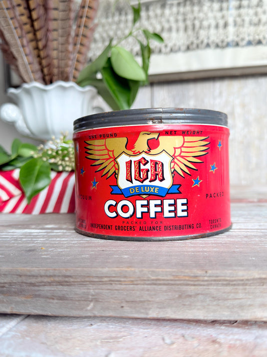 Vintage IGA Coffee Tin Can Americana Red White Blue Patriotic Decor