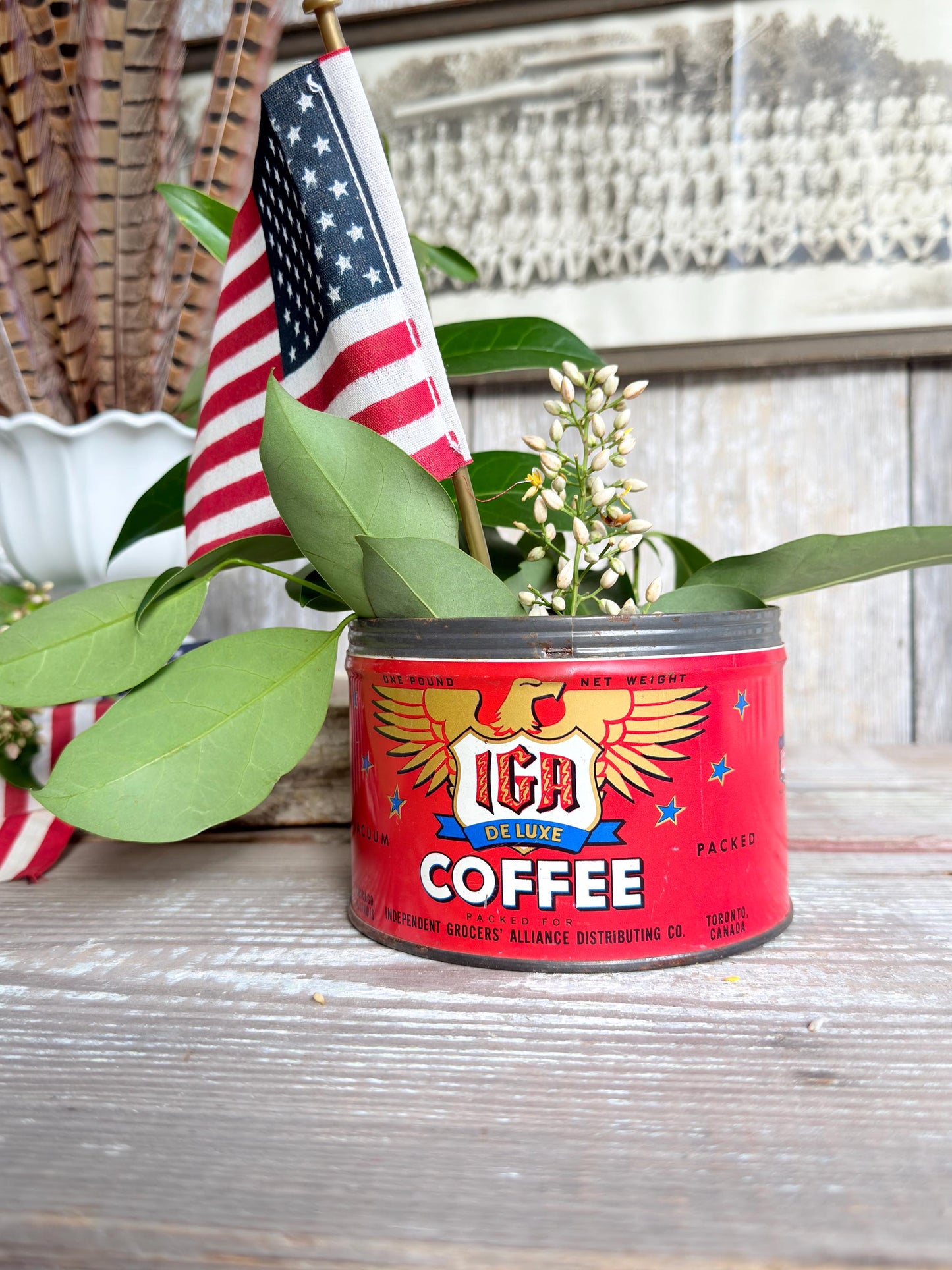 Vintage IGA Coffee Tin Can Americana Red White Blue Patriotic Decor