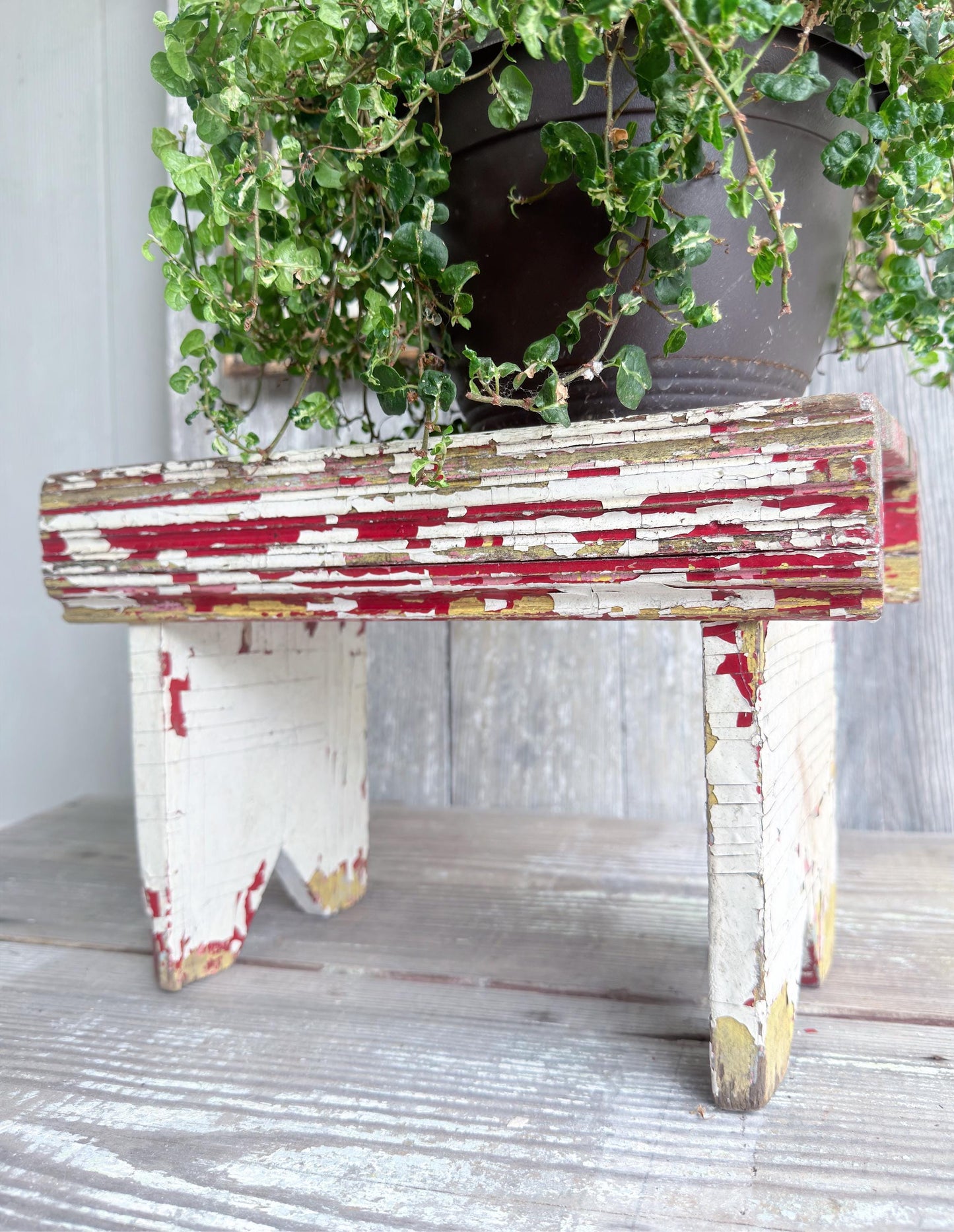 Antique Wood Bench Chippy White Red Paint Americana Farmhouse Primitive Beadboard