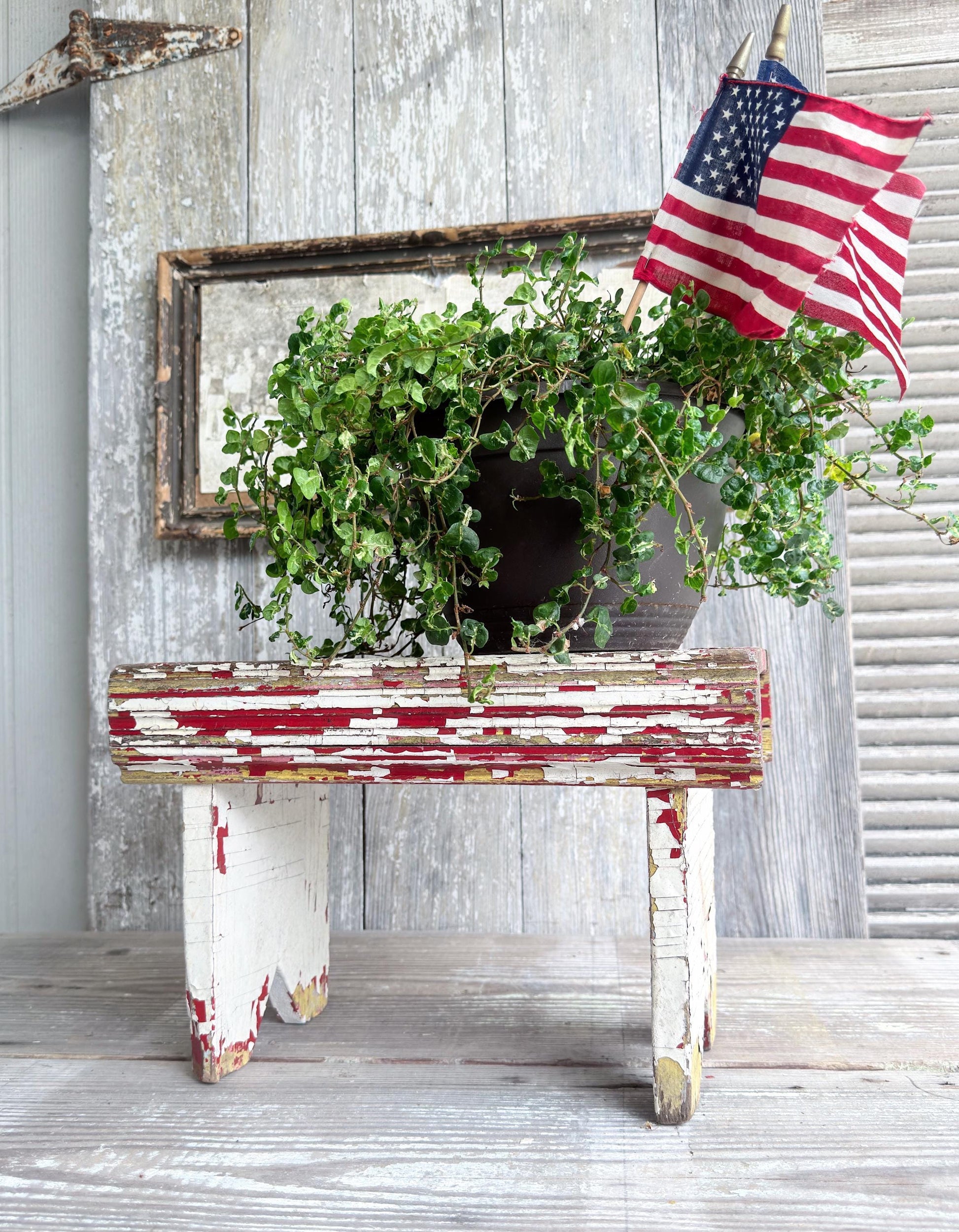 Antique Wood Bench Chippy White Red Paint Americana Farmhouse Primitive Beadboard