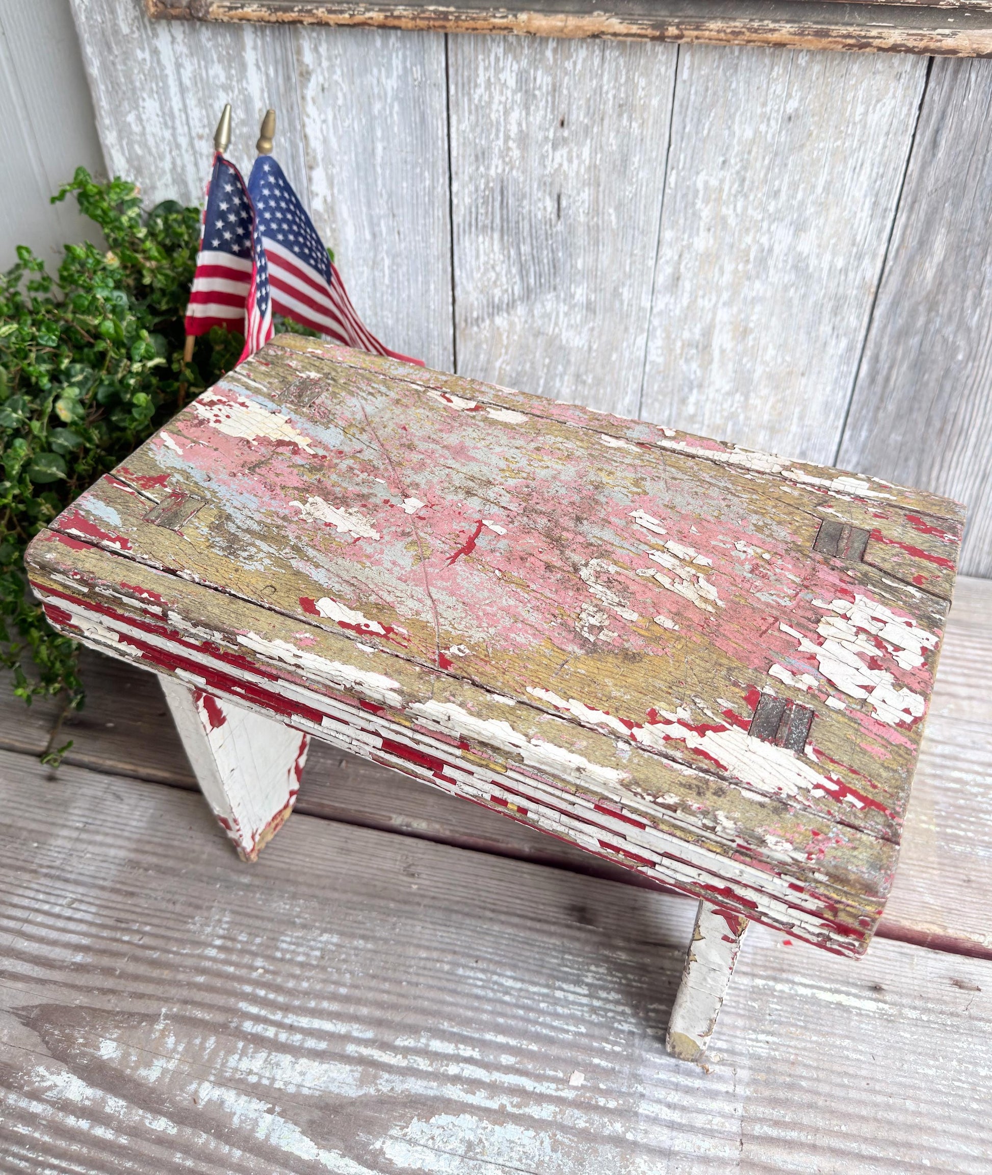 Antique Wood Bench Chippy White Red Paint Americana Farmhouse Primitive Beadboard