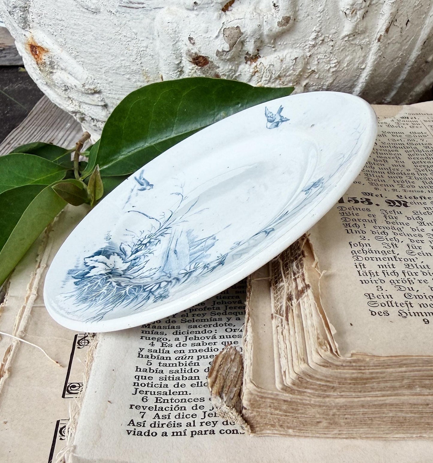 Antique French Faience Gien Plate, Blue Transferware Bird, Medailles D’Or France