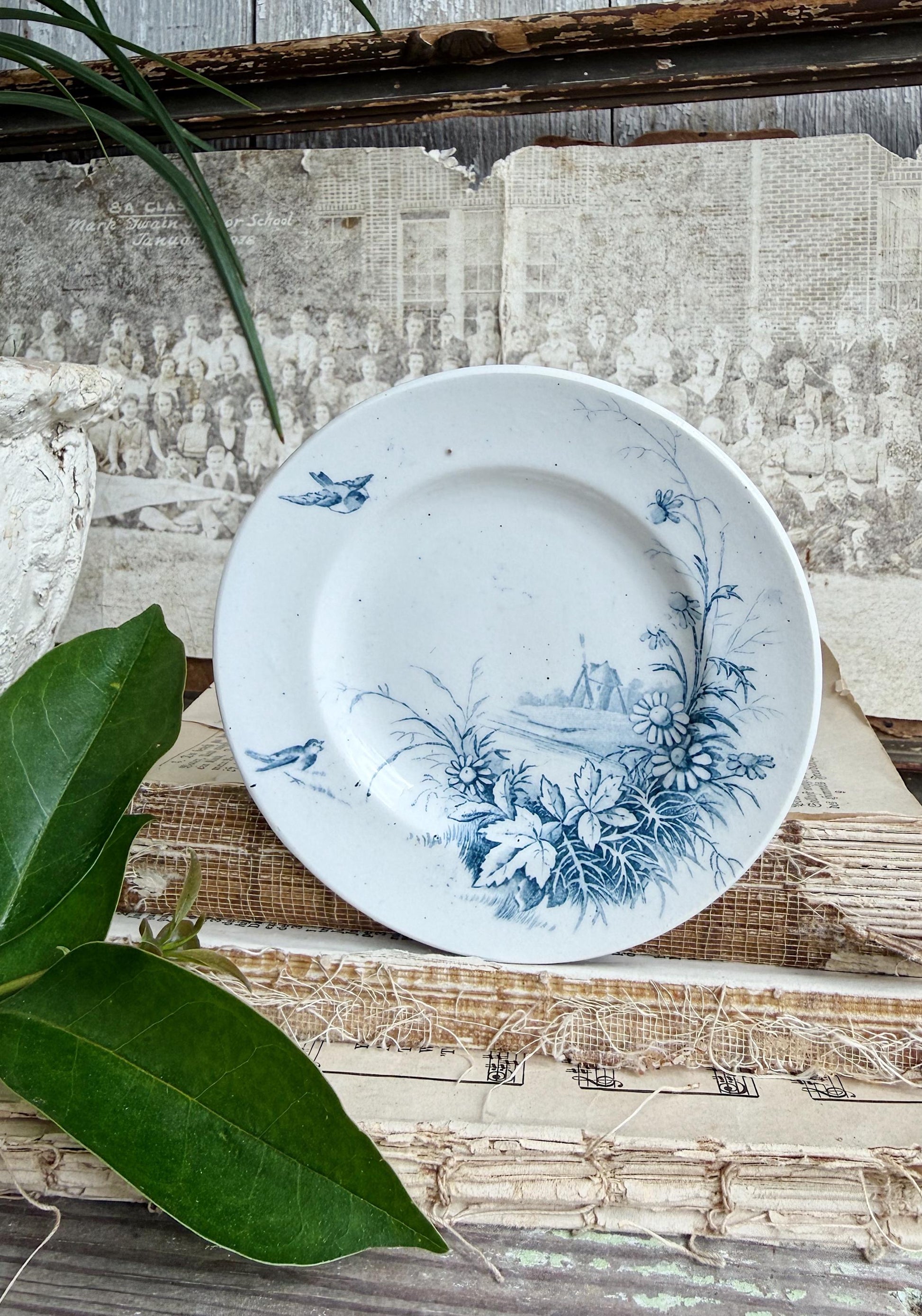 Antique French Faience Gien Plate, Blue Transferware Bird, Medailles D’Or France