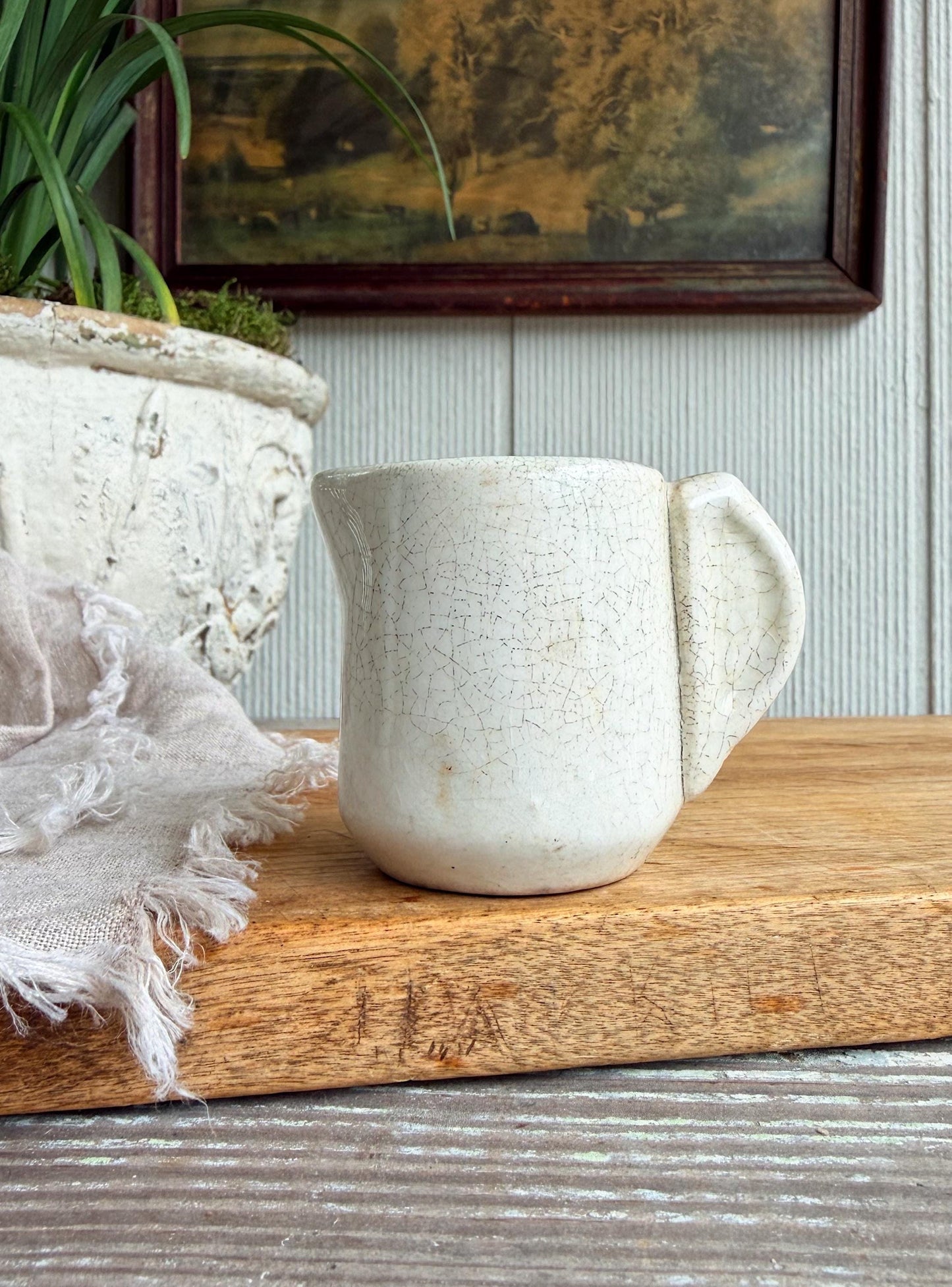 Antique ELEPHANT EAR CREAMER White Crazed Chunky Ironstone Thick Syrup Pitcher