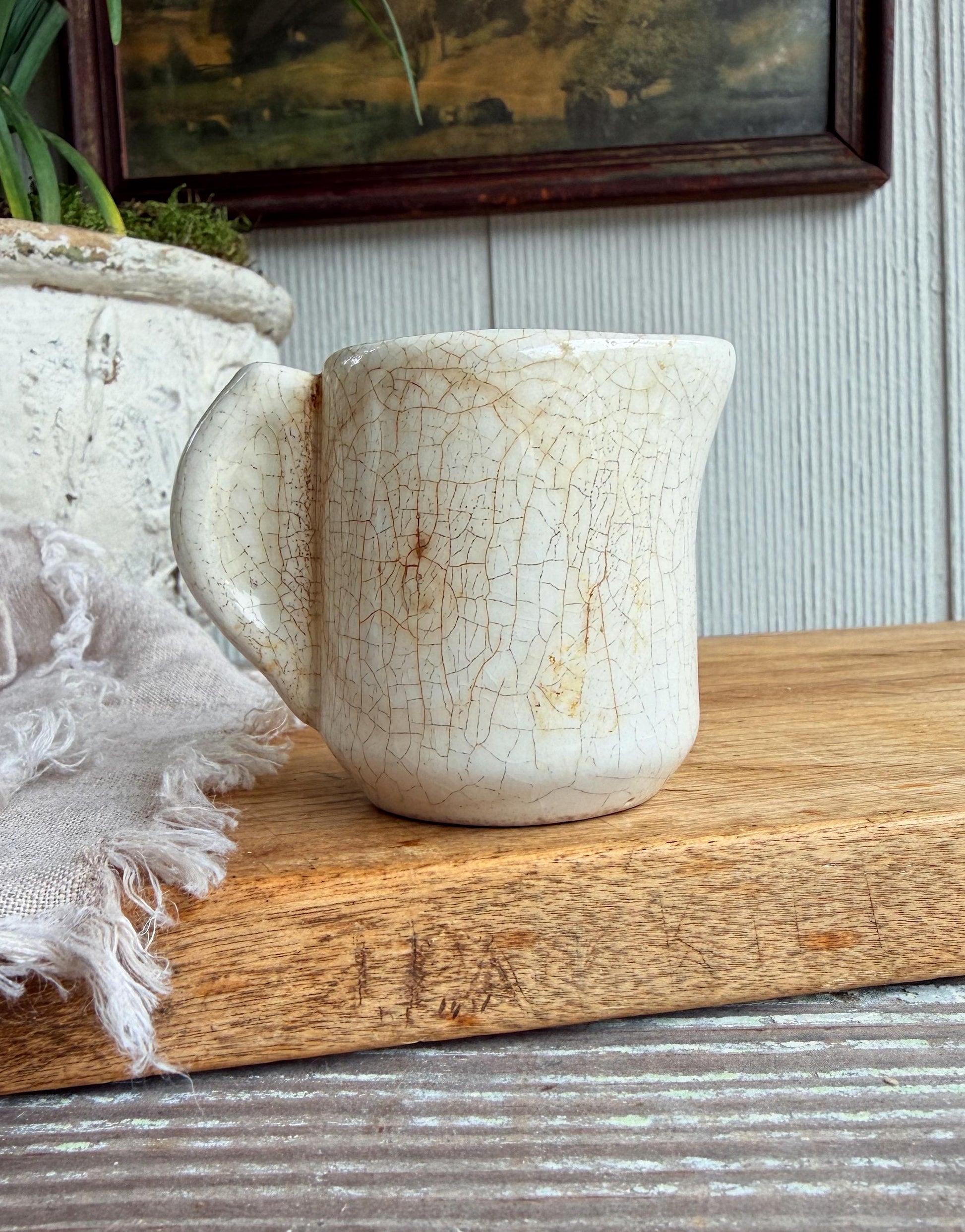 Antique ELEPHANT EAR CREAMER White Crazed Chunky Ironstone Thick Syrup Pitcher