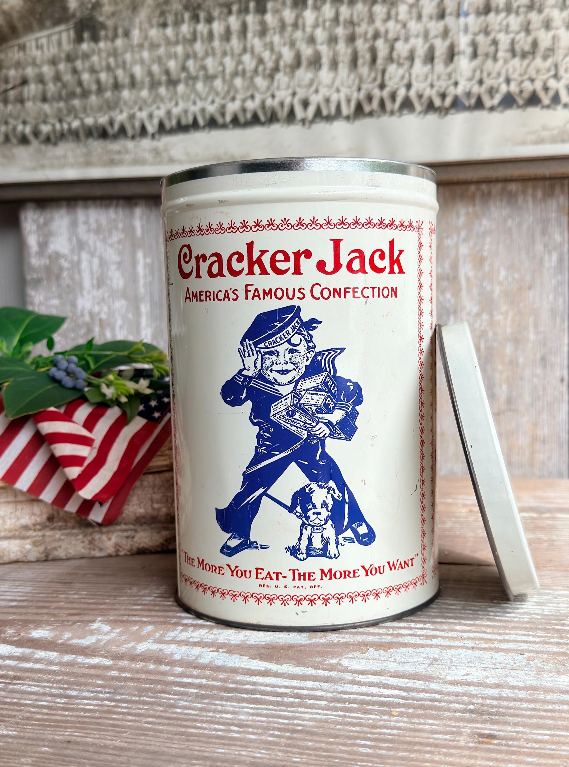 Vintage CRACKER JACK Tin Can Red White Blue Farmhouse Decor Industrial Salvage AMERICANA Decor 6 oz