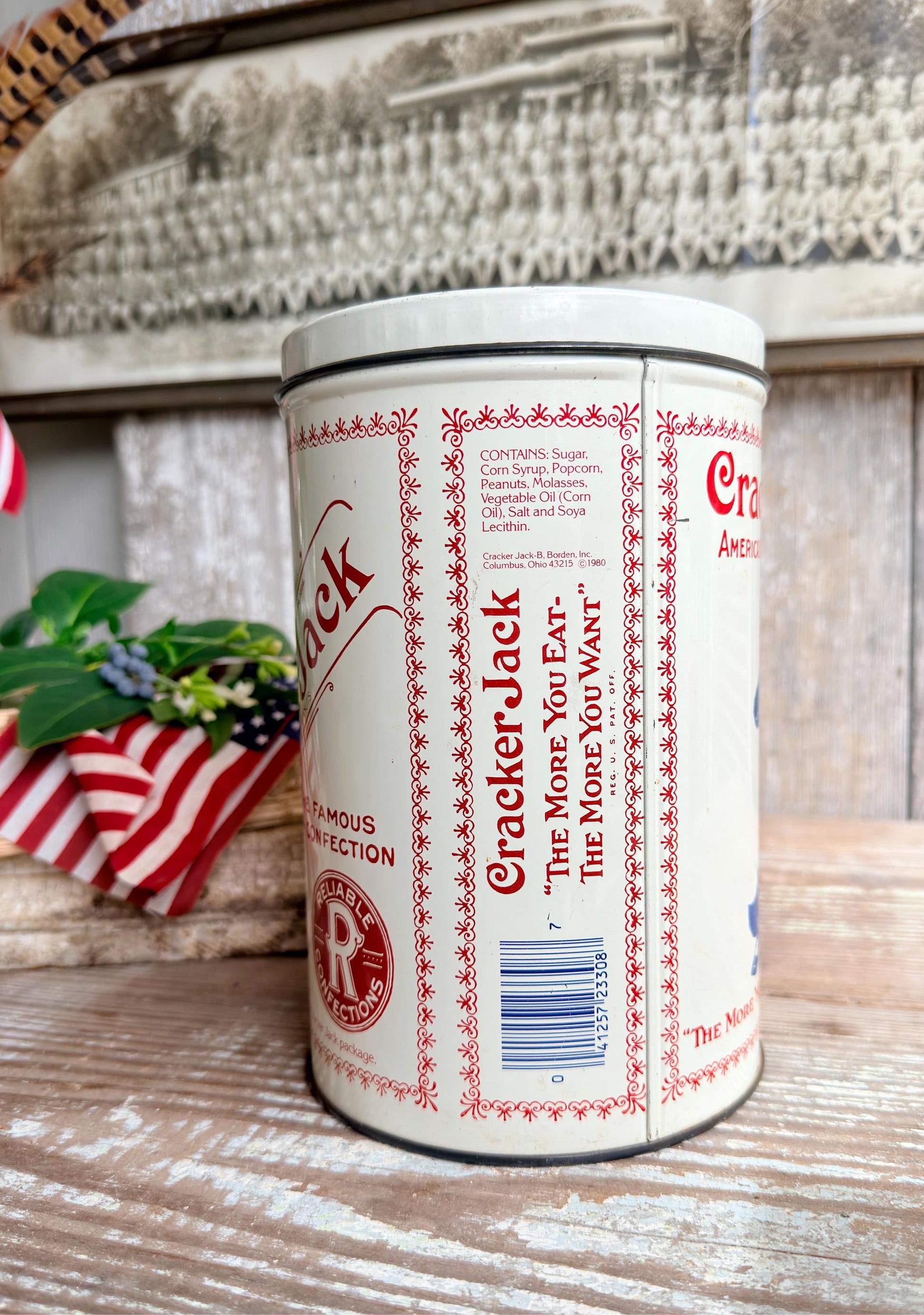 Vintage CRACKER JACK Tin Can Red White Blue Farmhouse Decor Industrial Salvage AMERICANA Decor 6 oz