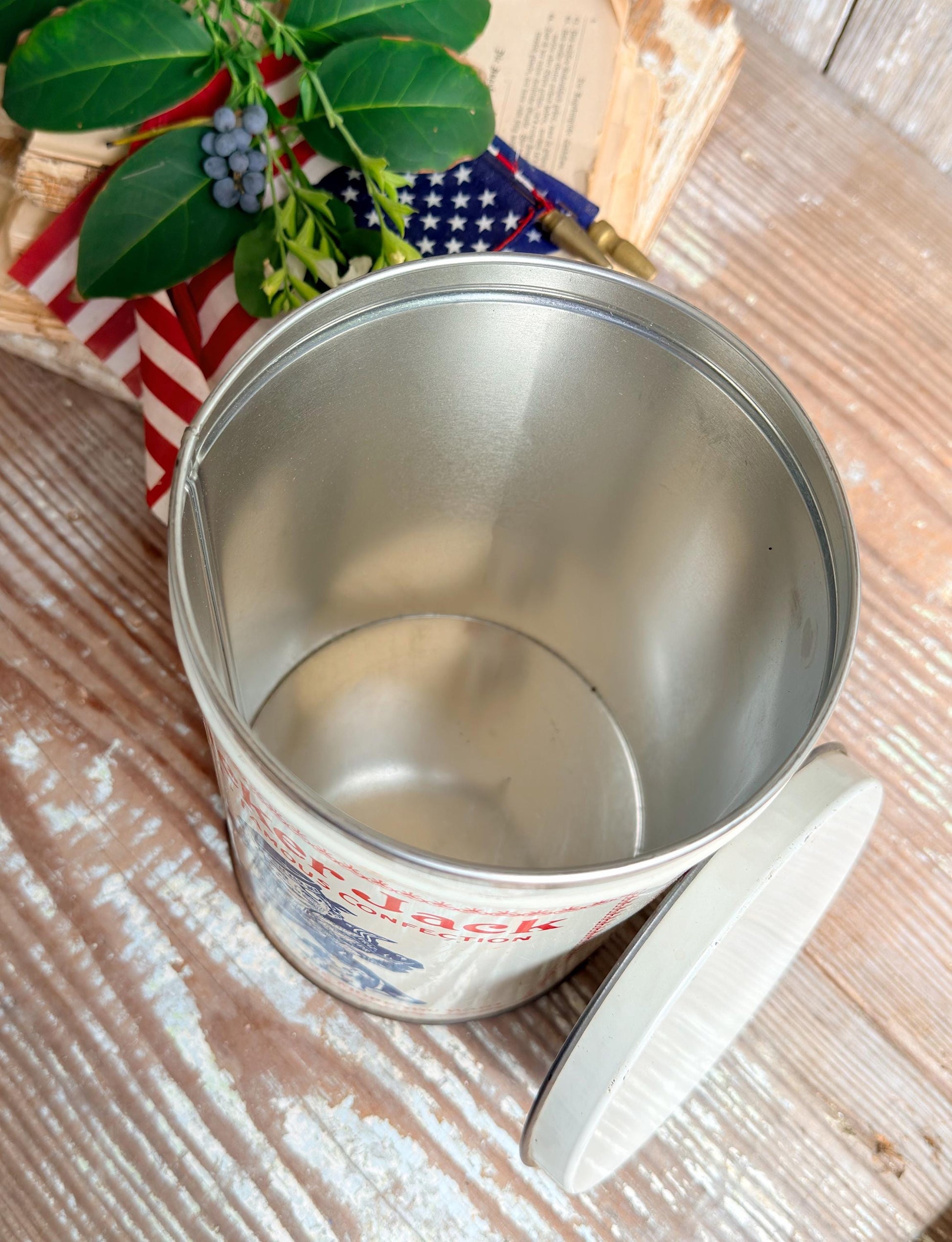 Vintage CRACKER JACK Tin Can Red White Blue Farmhouse Decor Industrial Salvage AMERICANA Decor 6 oz