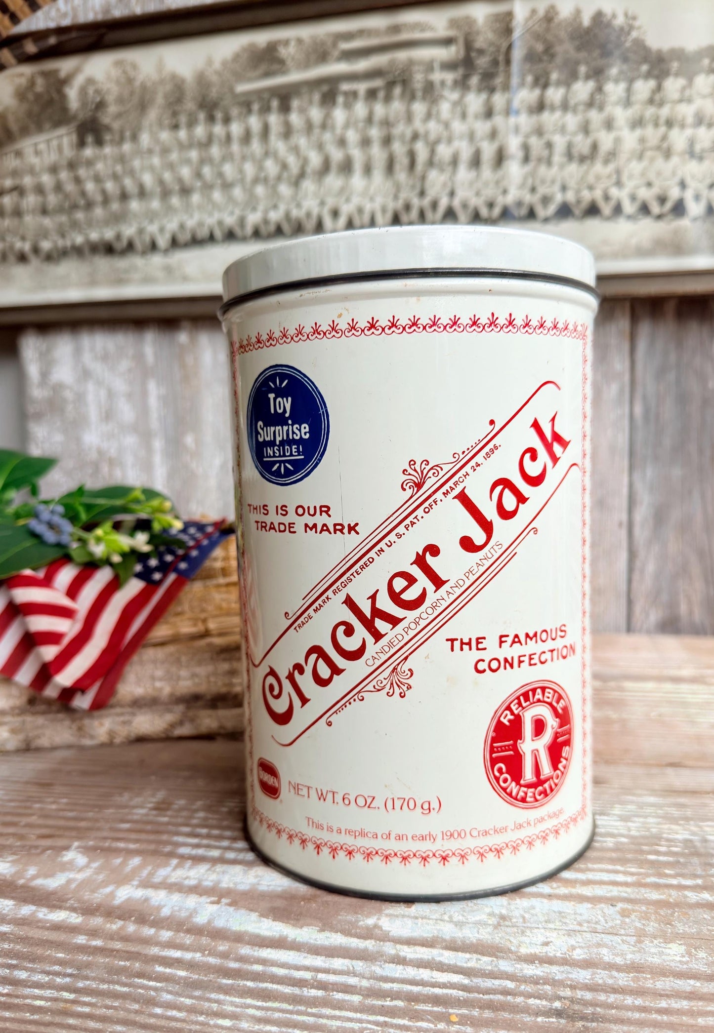 Vintage CRACKER JACK Tin Can Red White Blue Farmhouse Decor Industrial Salvage AMERICANA Decor 6 oz