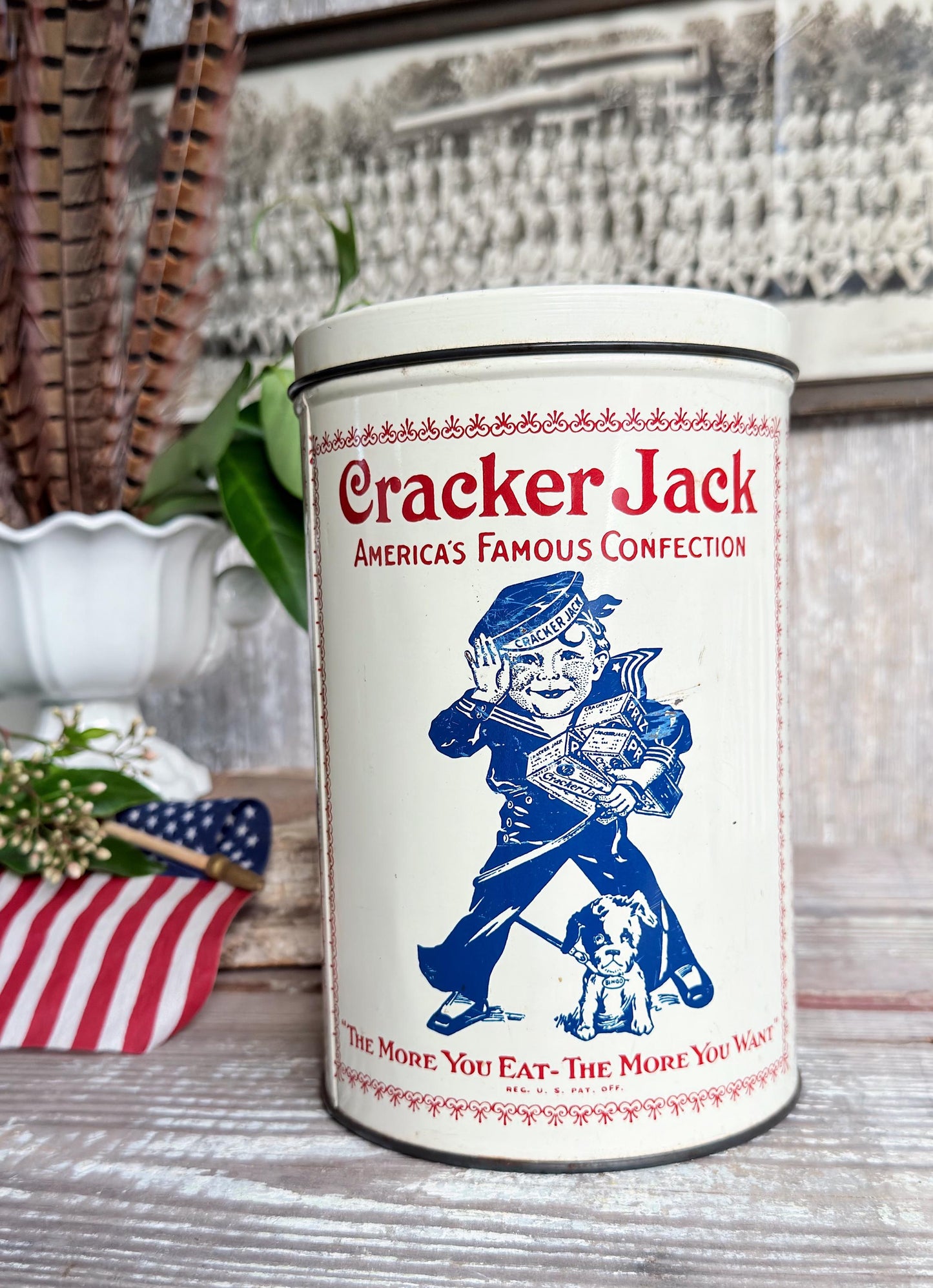 Vintage CRACKER JACK Tin Can Red White Blue Farmhouse Americana