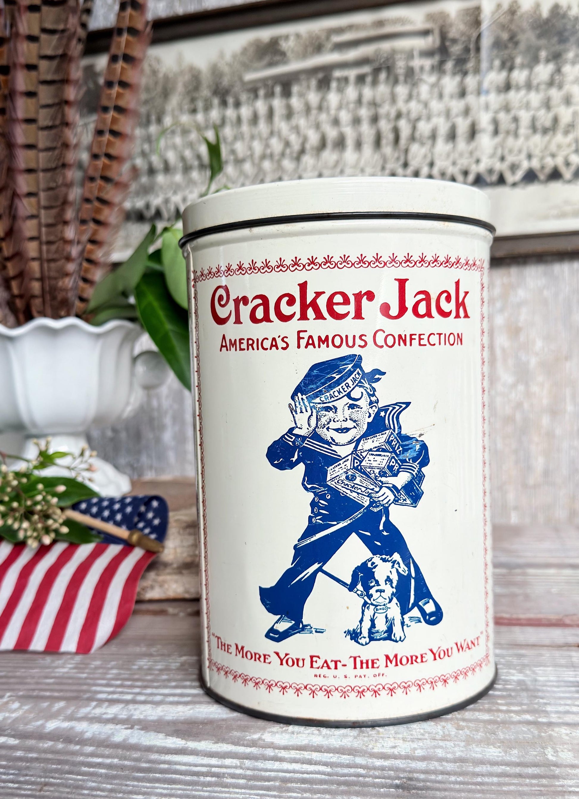 Vintage CRACKER JACK Tin Can Red White Blue Farmhouse Americana
