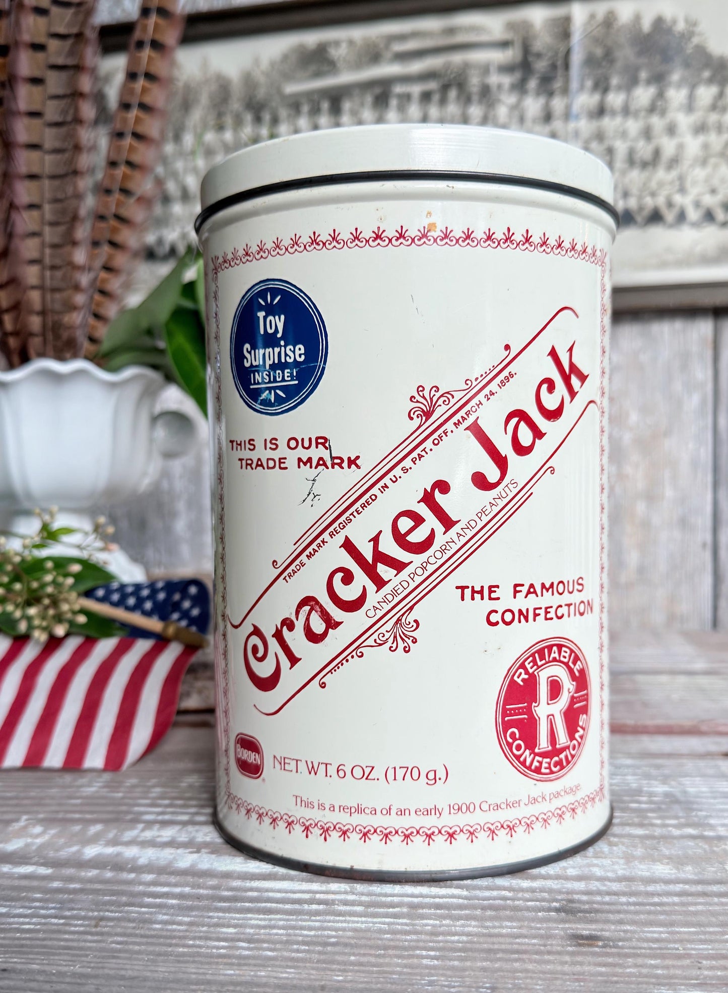 Vintage CRACKER JACK Tin Can Red White Blue Farmhouse Americana