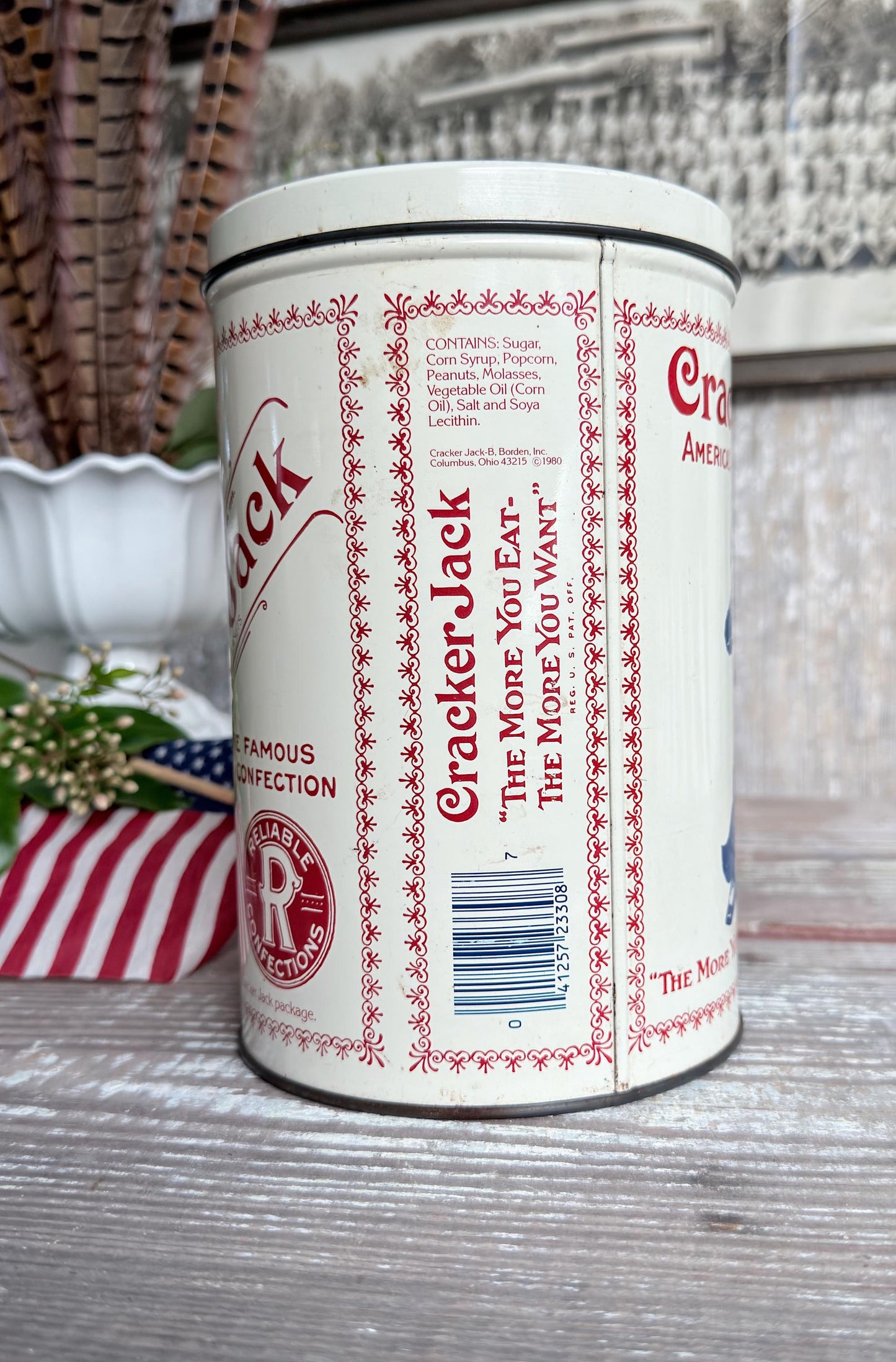 Vintage CRACKER JACK Tin Can Red White Blue Farmhouse Americana