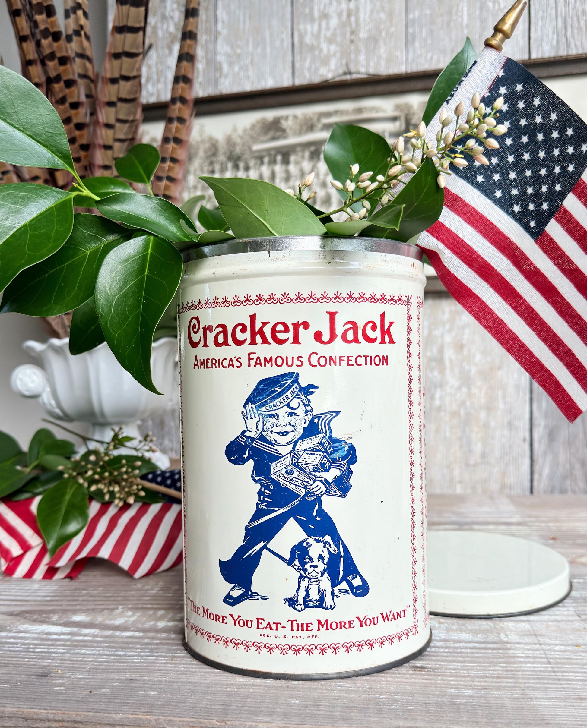 Vintage CRACKER JACK Tin Can Red White Blue Farmhouse Americana