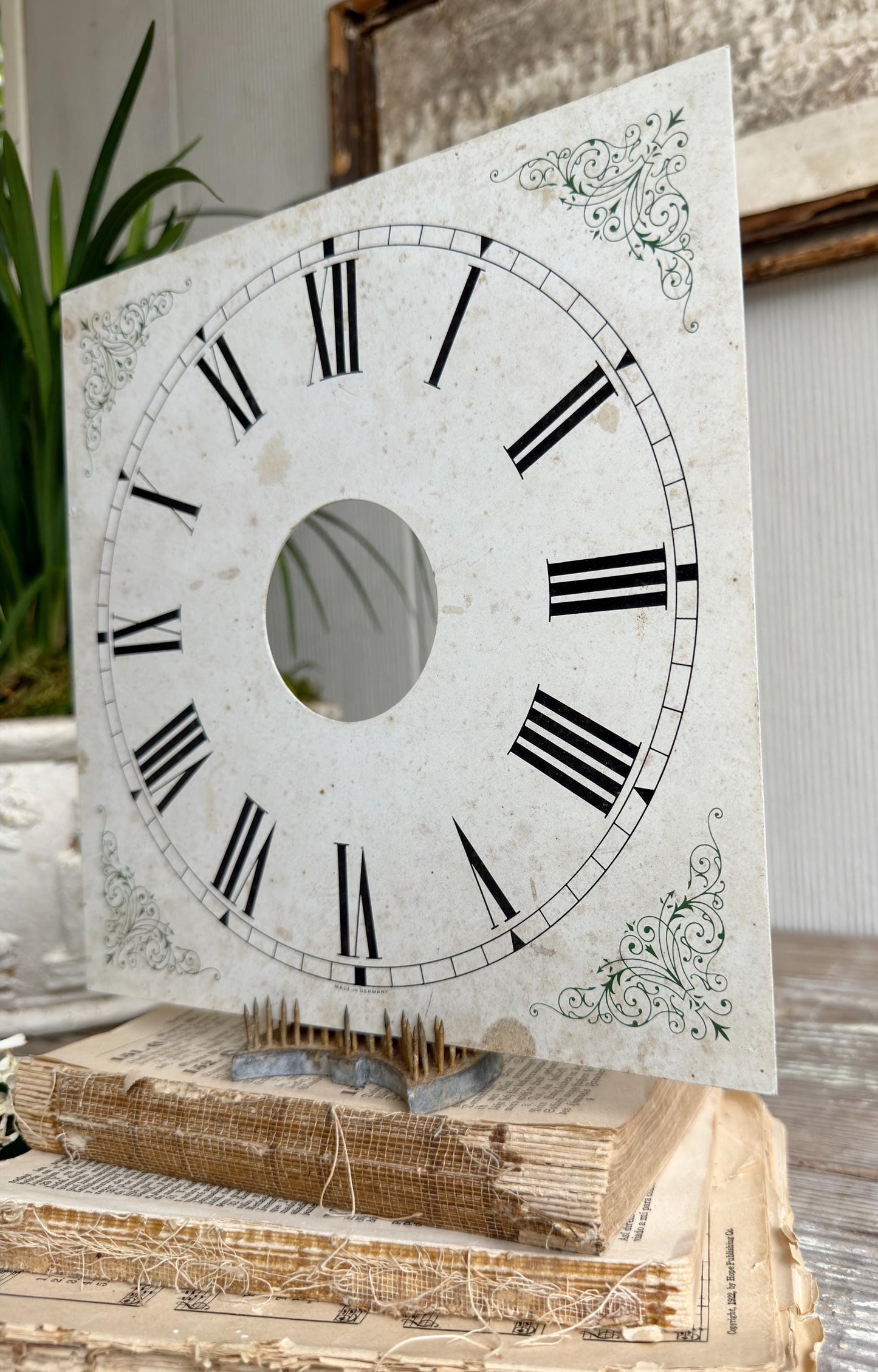Antique Clock Face Dial Square Farmhouse Decor Industrial Salvage Metal Painted FLOWERS