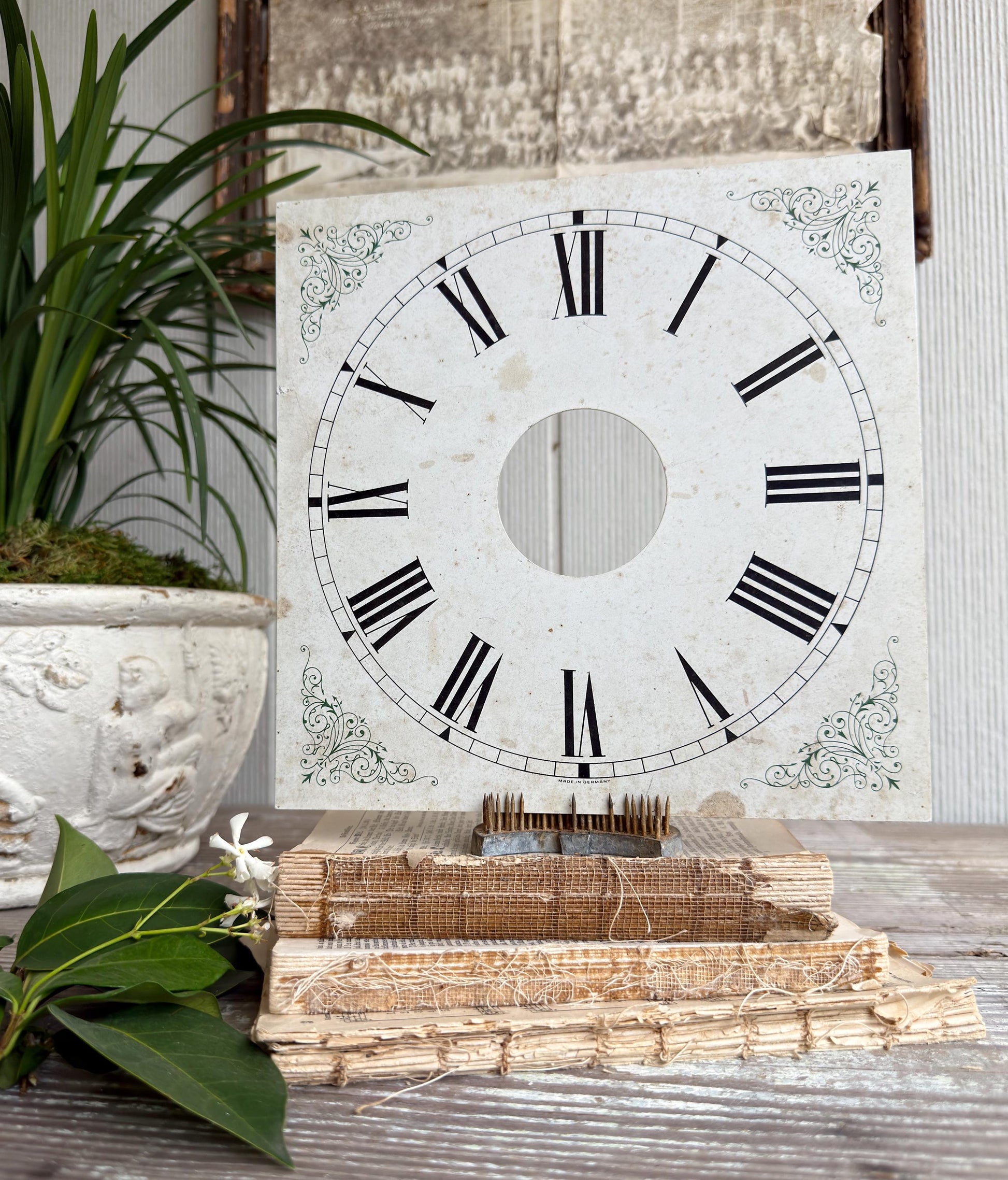 Antique Clock Face Dial Square Farmhouse Decor Industrial Salvage Metal Painted FLOWERS