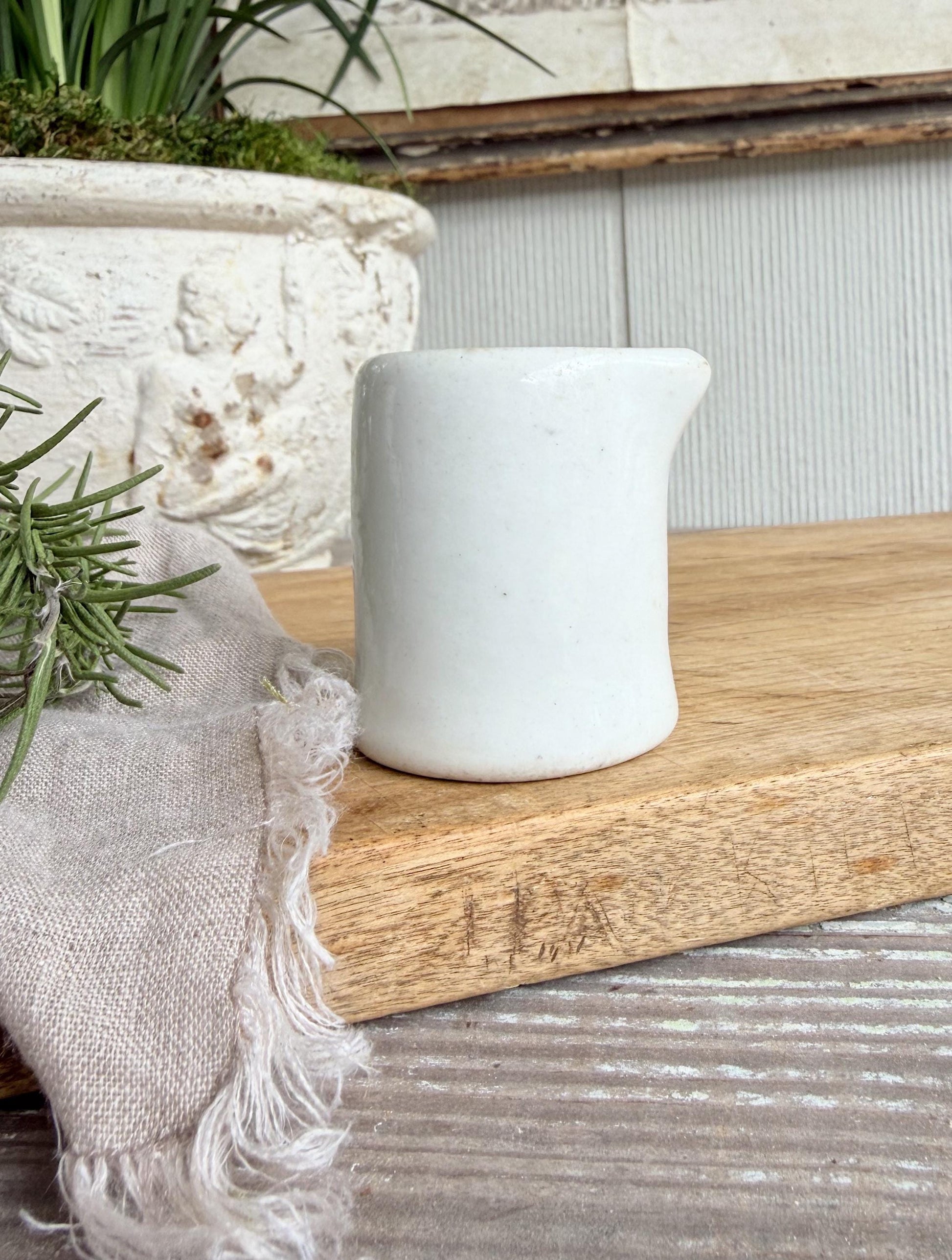 Vintage Ironstone Creamer – Small White Syrup Pitcher, Handleless Chunky Farmhouse Primitive Decor
