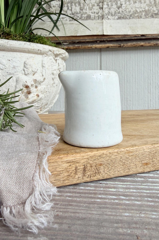 Vintage Ironstone Creamer – Small White Syrup Pitcher, Handleless Chunky Farmhouse Primitive Decor