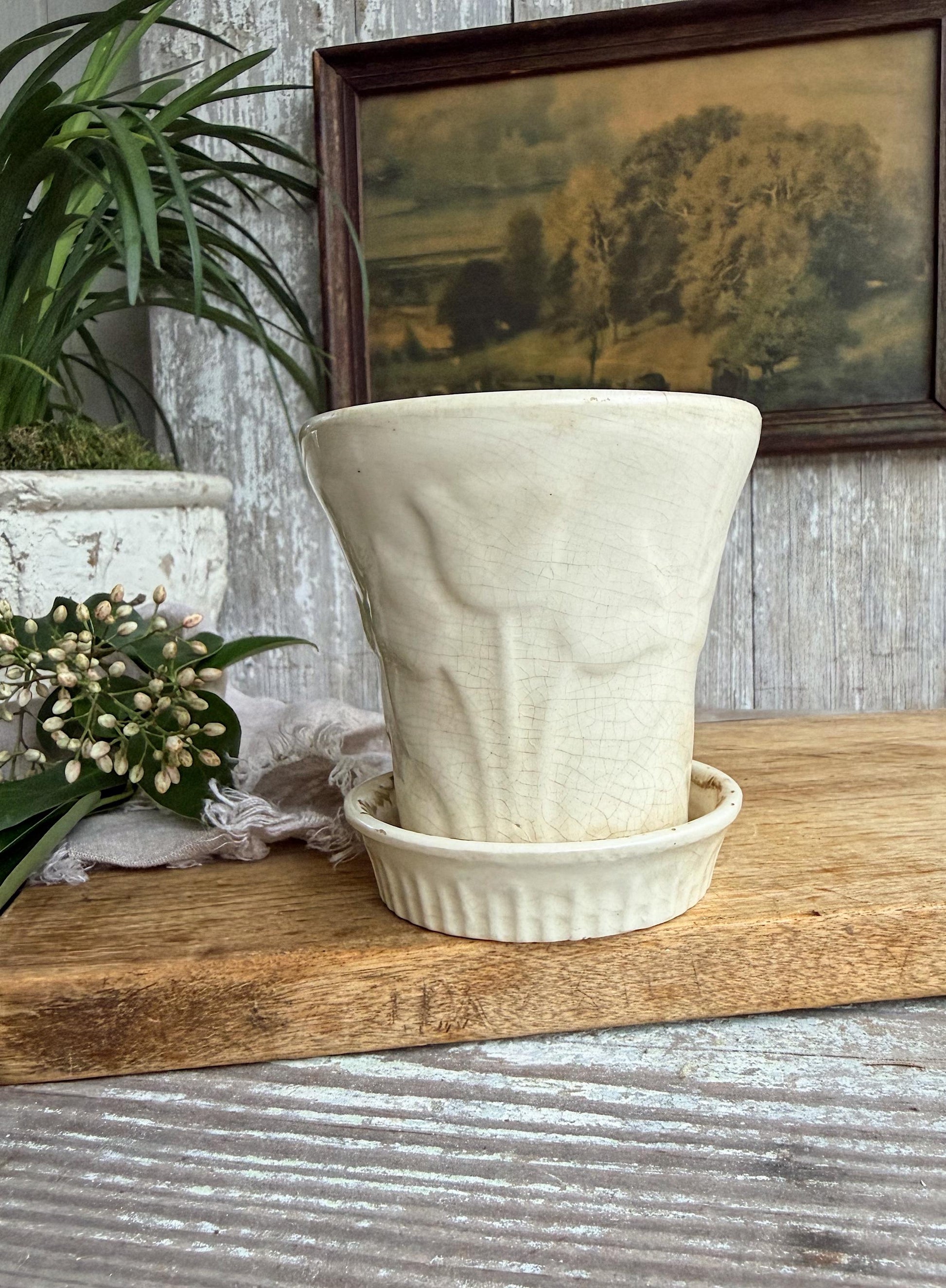 Antique Ironstone Flower Pot With Saucer USA Planter Farmhouse Vintage Garden Decor