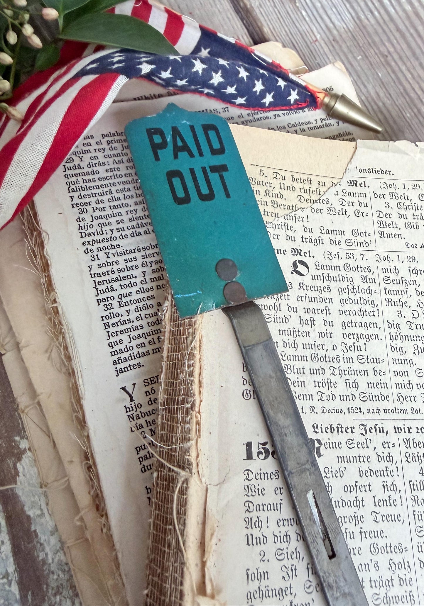 Antique Cash Register Flag Vintage BLUE Metal Paid Out Industrial Decor