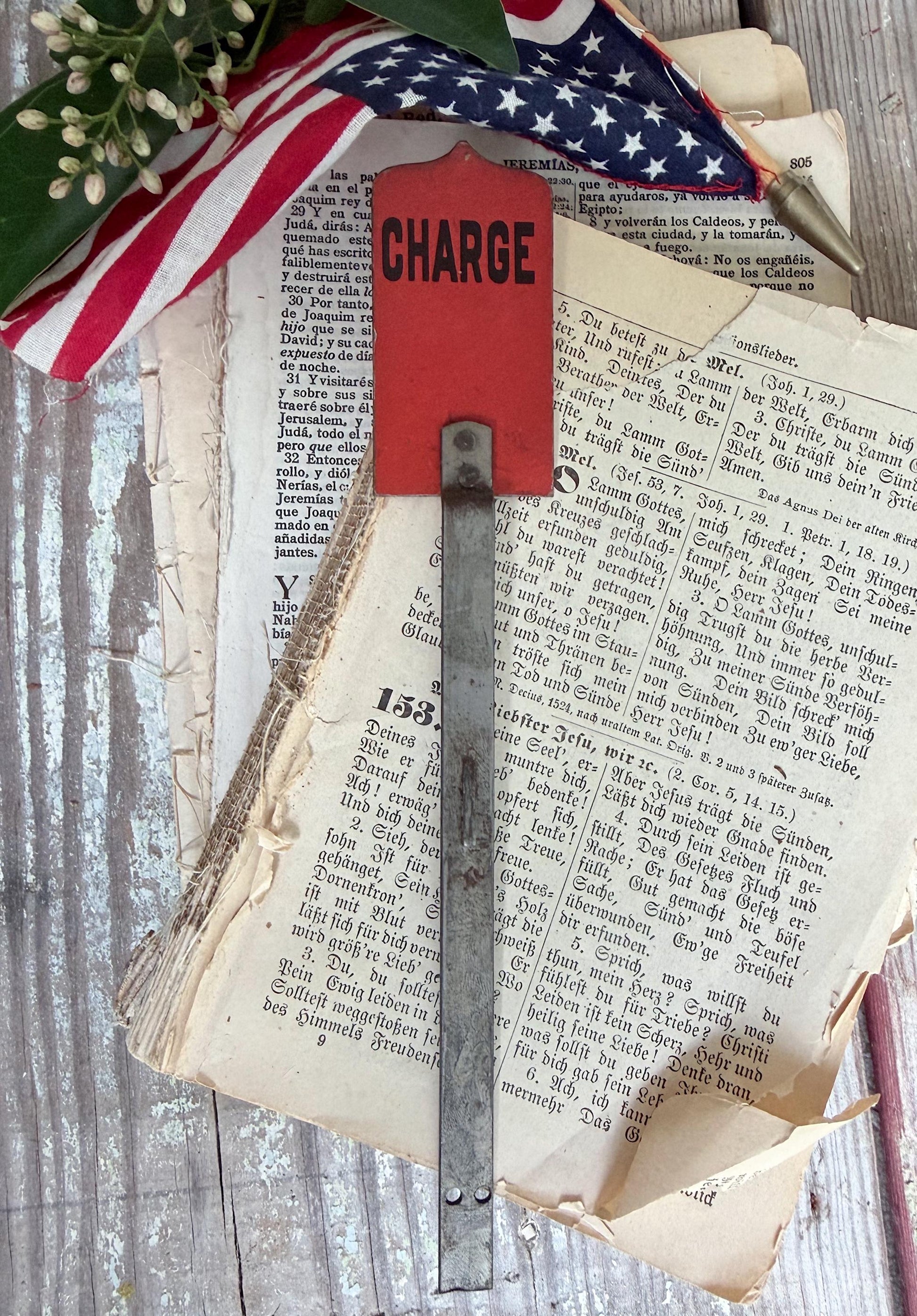 Antique Cash Register Flag CHARGE Vintage RED Metal Industrial Decor