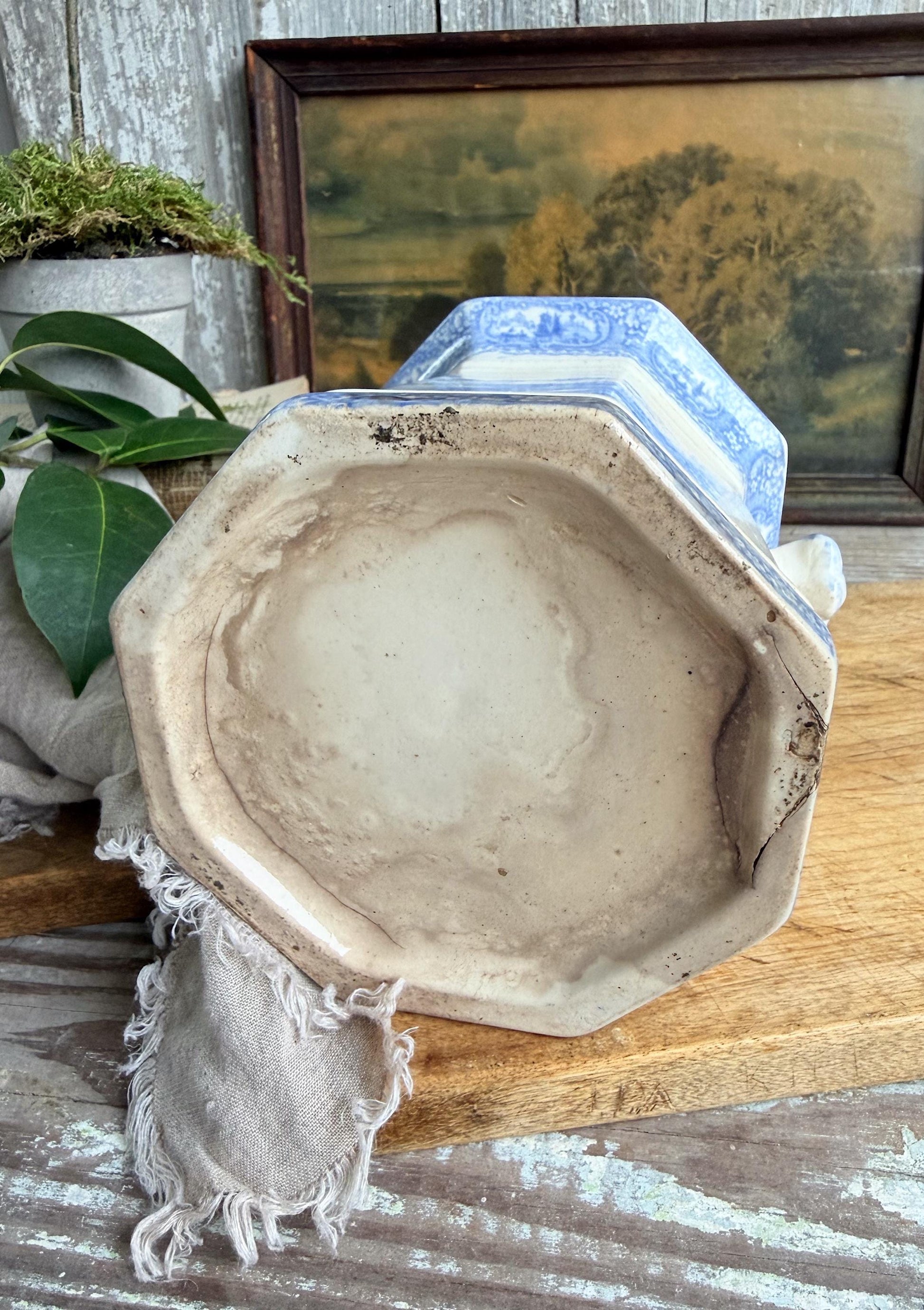 Antique Ironstone Sugar Biscuit Jar, English Blue Transferware Crazed