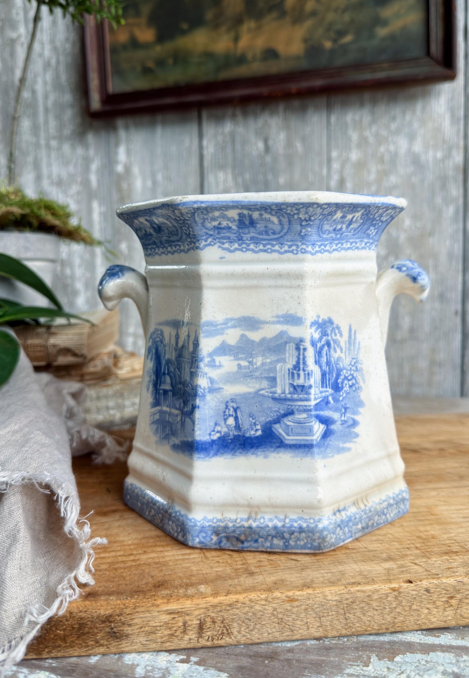 Antique Ironstone Sugar Biscuit Jar, English Blue Transferware Crazed