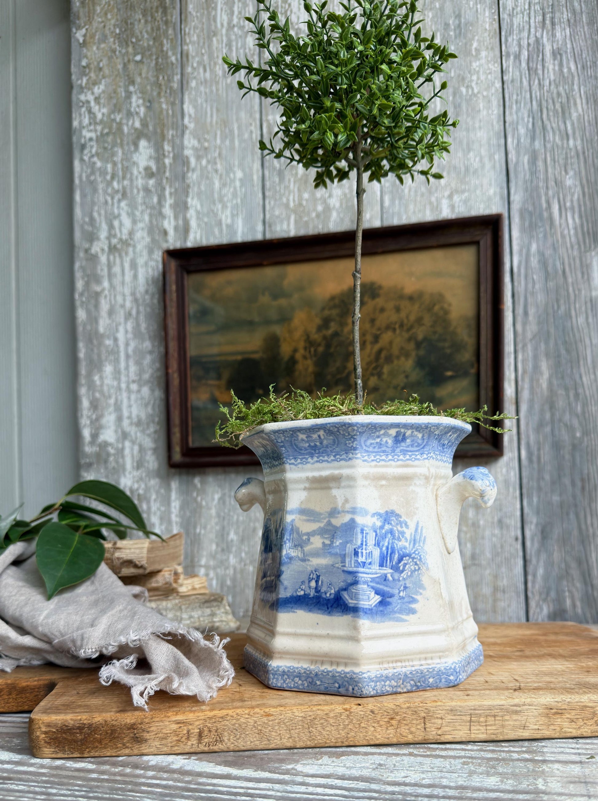 Antique Ironstone Sugar Biscuit Jar, English Blue Transferware Crazed