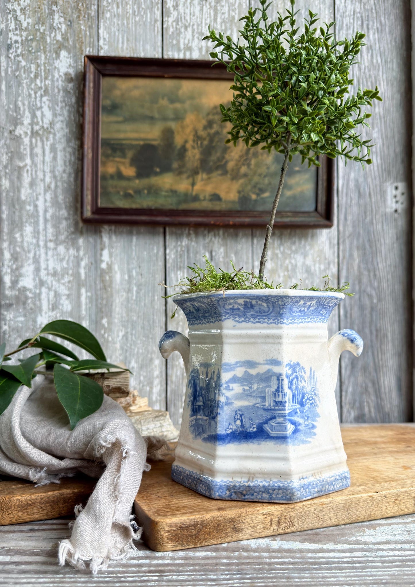 Antique Ironstone Sugar Biscuit Jar, English Blue Transferware Crazed