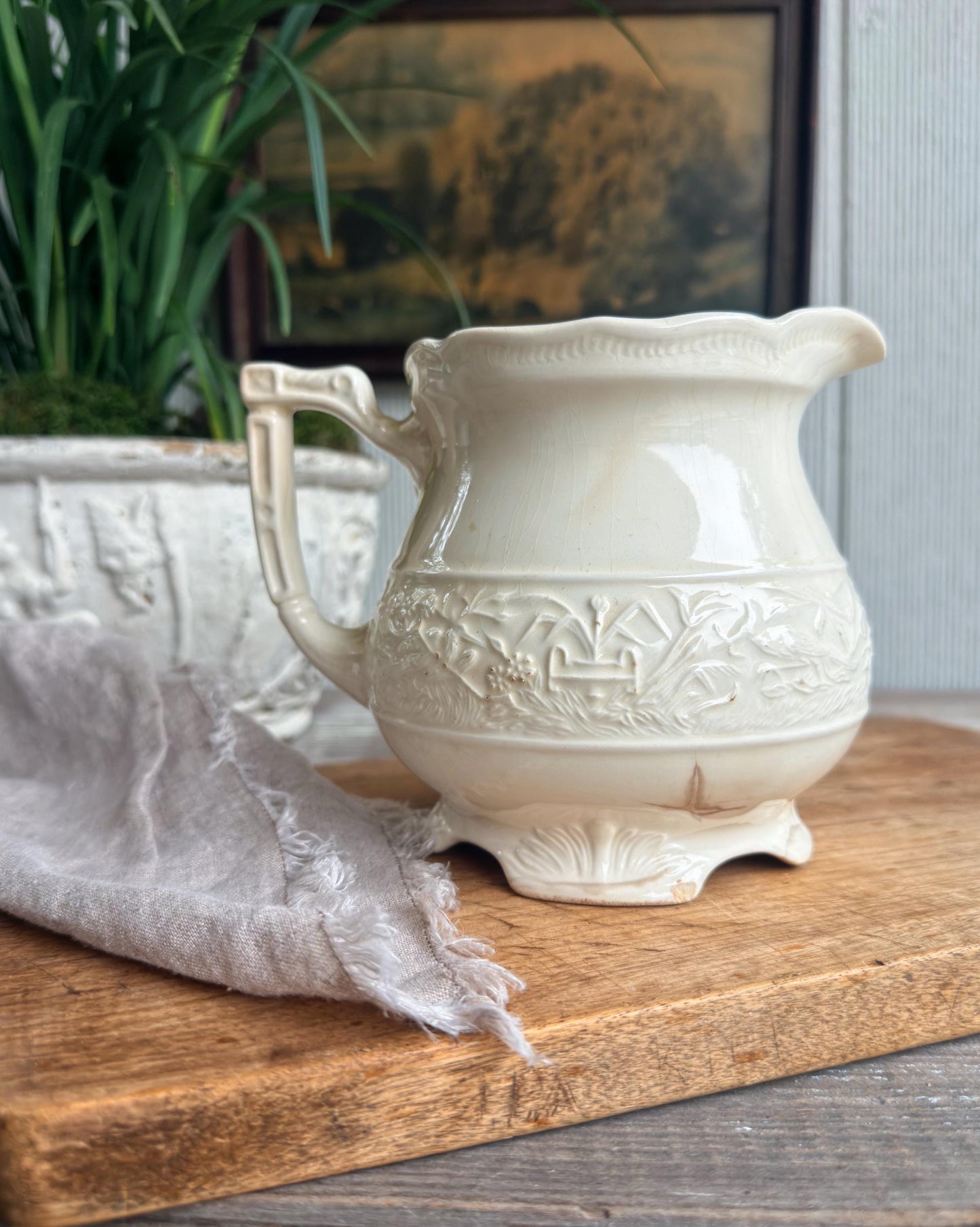 Antique Ironstone Pitcher, White Embossed Pitcher, Farmhouse Crazing