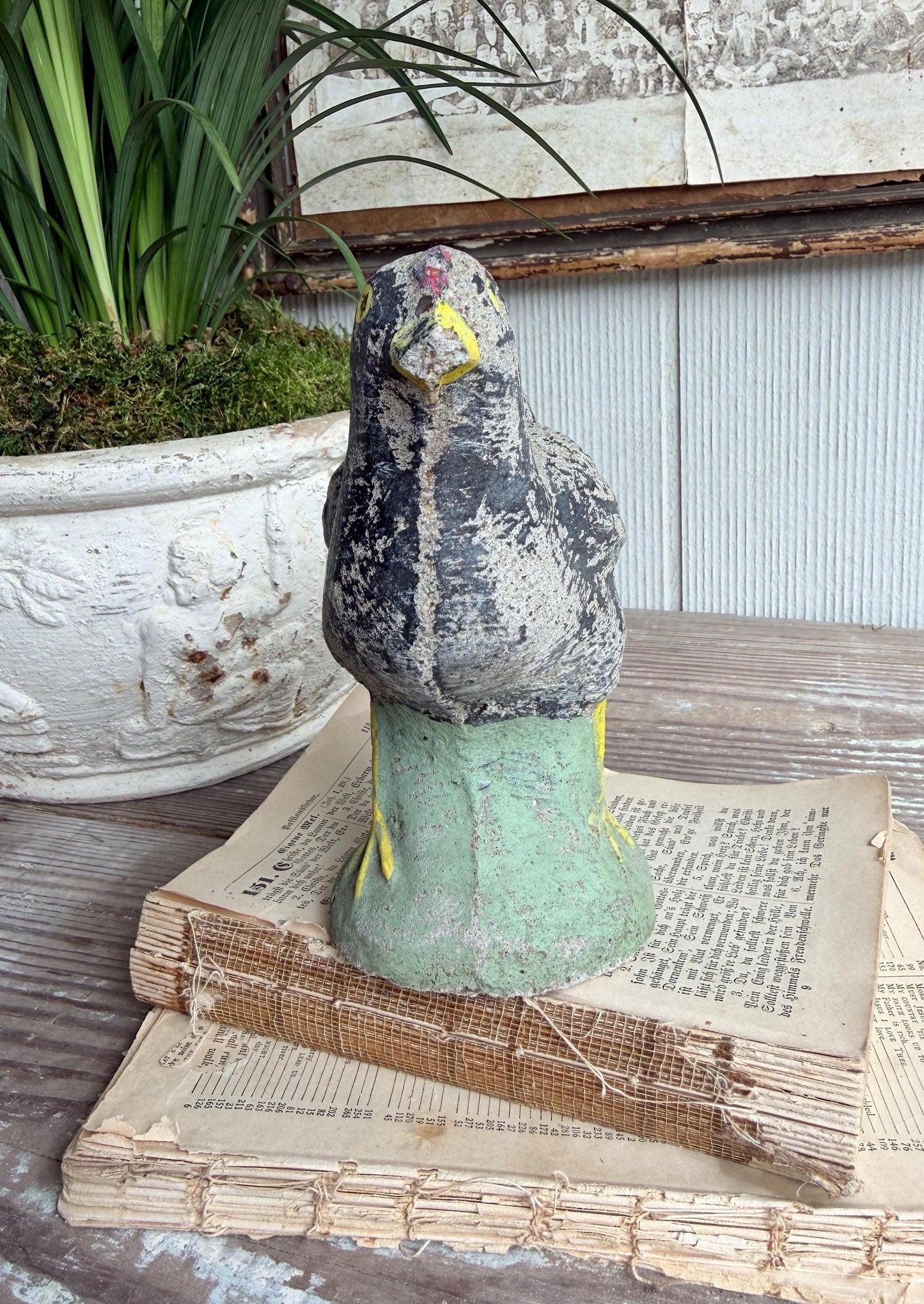 Vintage Concrete Bird Statue, Chippy Painted Garden Art, Farmhouse