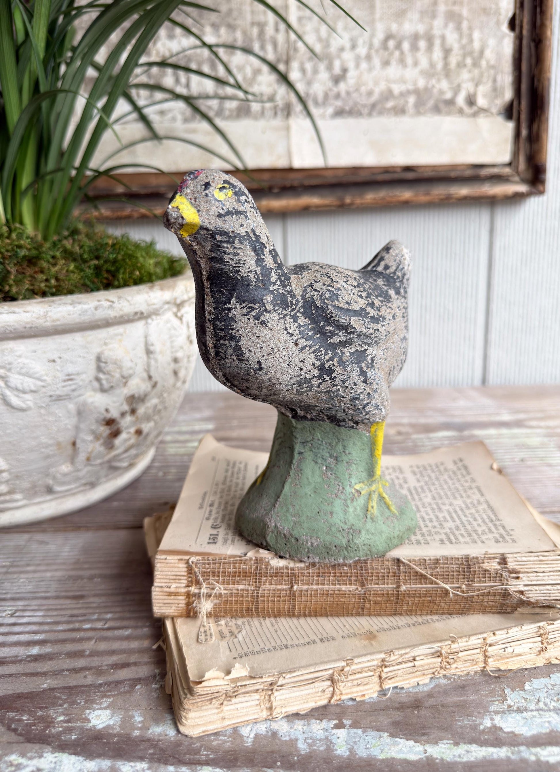 Vintage Concrete Bird Statue, Chippy Painted Garden Art, Farmhouse