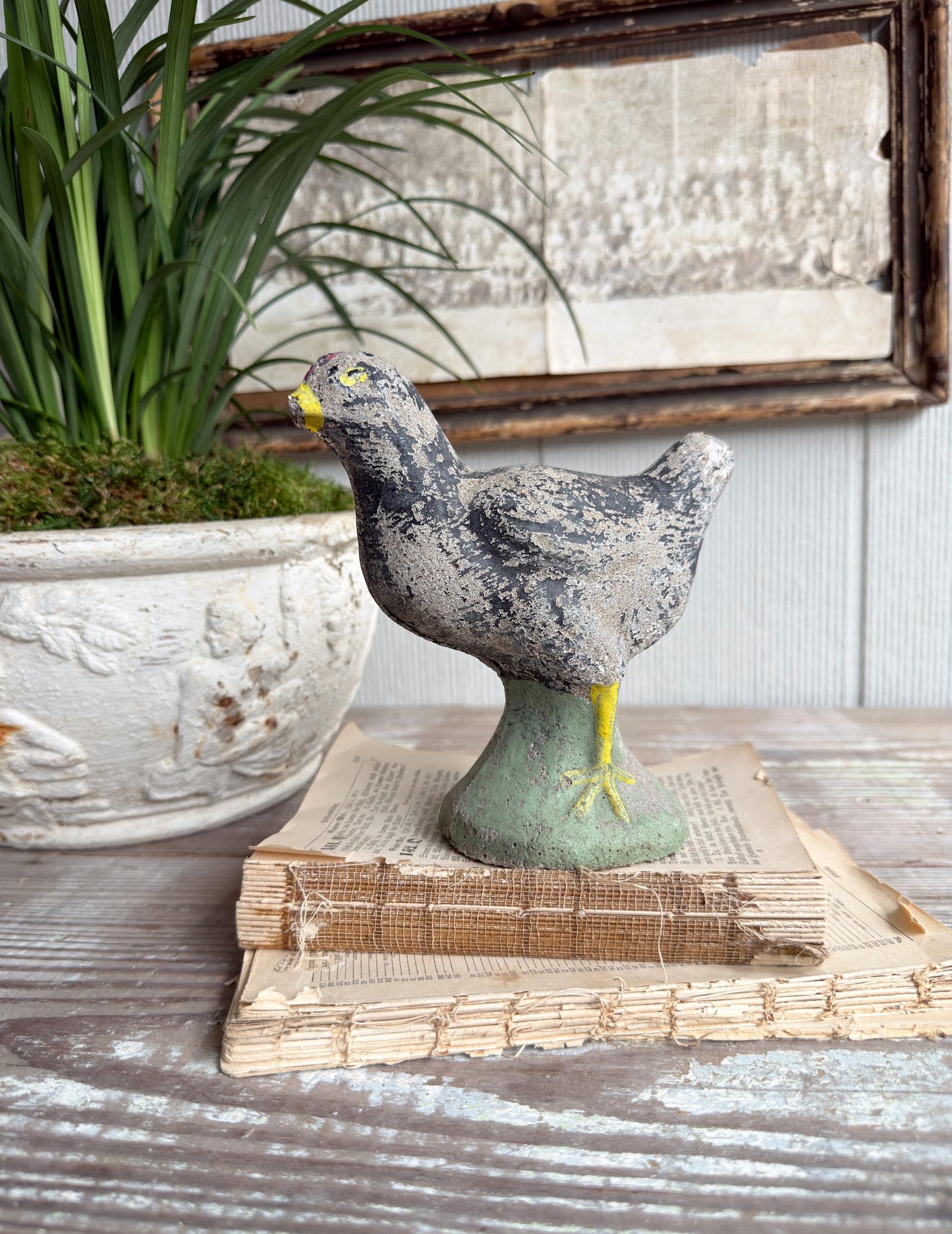 Vintage Concrete Bird Statue, Chippy Painted Garden Art, Farmhouse