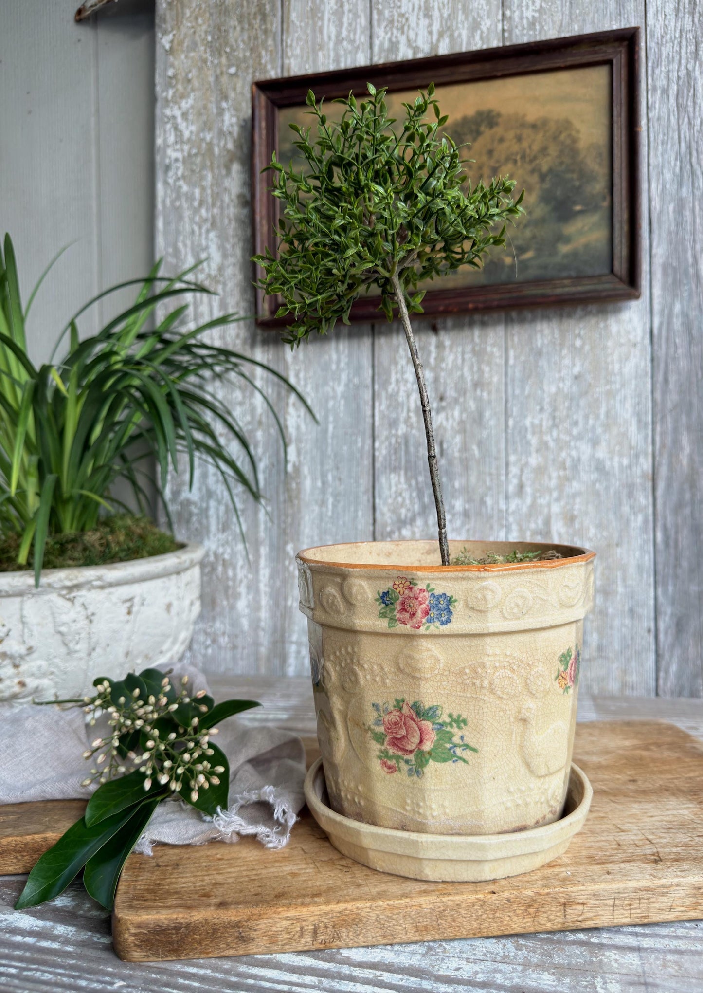 Antique JAPAN Ironstone Flower Pot, Vessel Planter Container Crazed Stained