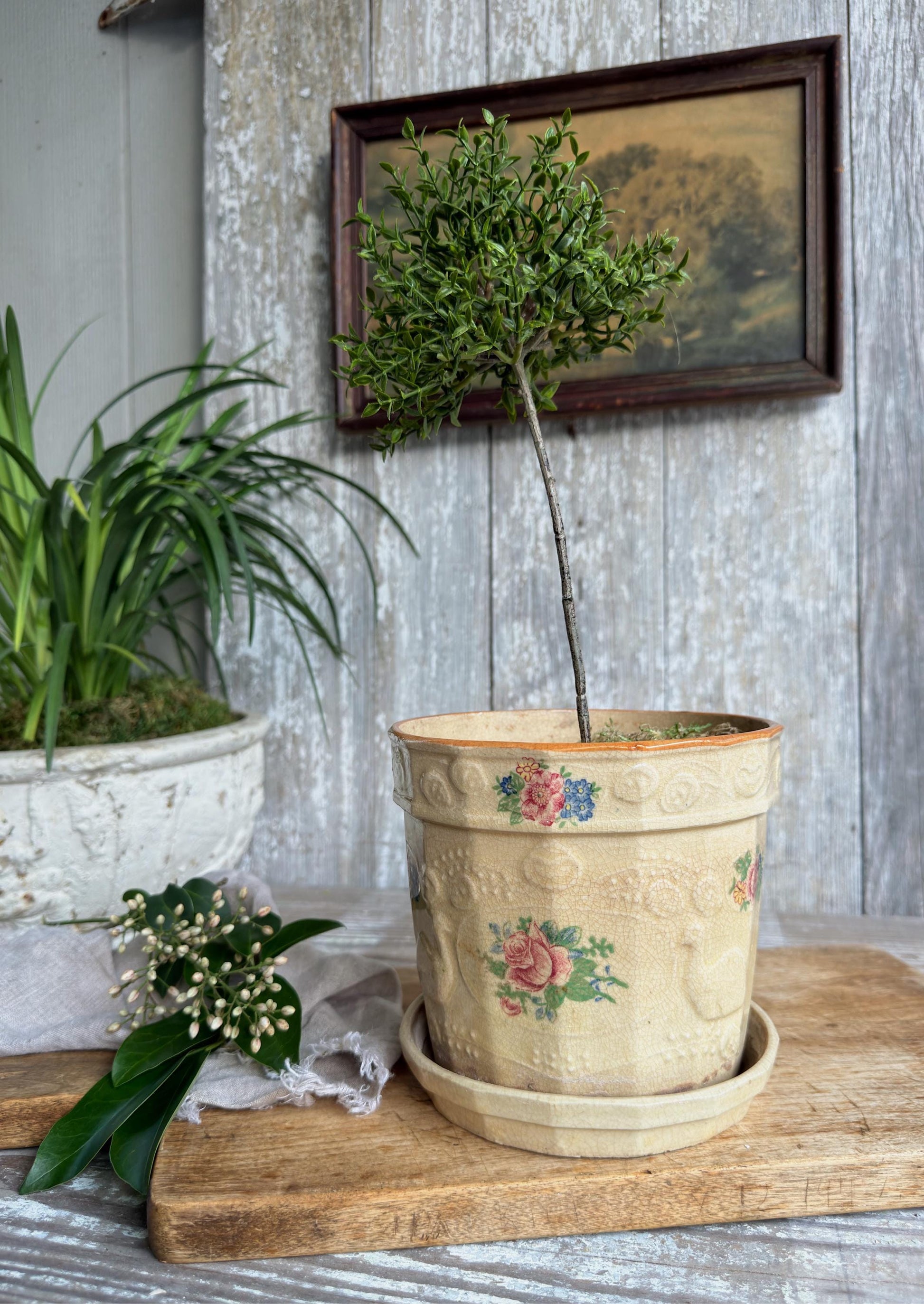 Antique JAPAN Ironstone Flower Pot, Vessel Planter Container Crazed Stained